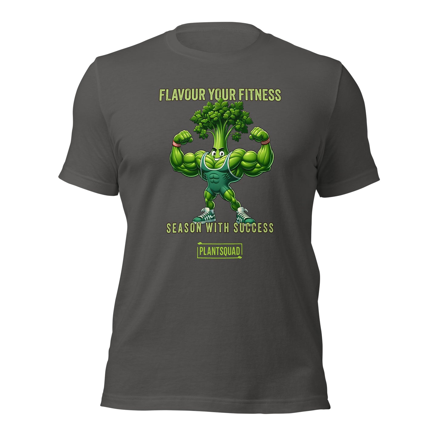 Plantsquad Parsley "Flavour Your Fitness Season With Success" - Unisex T-Shirt with a cartoon muscular broccoli character flexing its arms. The text above the character reads "FLAVOUR YOUR FITNESS." Below the character, the text says "SEASON WITH SUCCESS," and at the bottom, a logo reads "PLANTSQUAD." Perfect for enthusiasts of the vegan lifestyle.