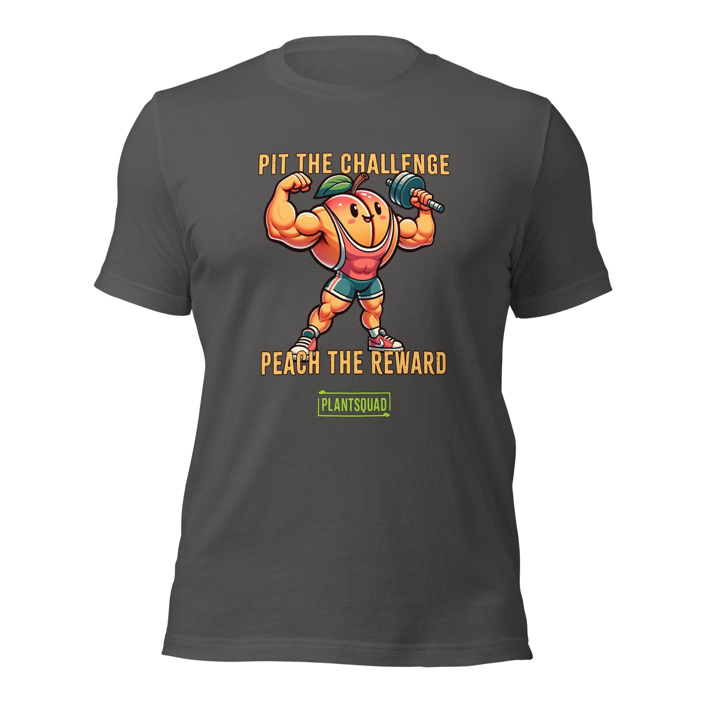 A Plantsquad Peach "Pit The Challenge Peach The Rewards" - Unisex T-Shirt with a graphic of a muscular peach character lifting a barbell. The text above and below the character reads, "Pit the challenge, Peach the reward." Made from high-quality breathable fabric, it features a green logo saying "Plantsquad" at the bottom—perfect for fitness enthusiasts embracing a vegan lifestyle.