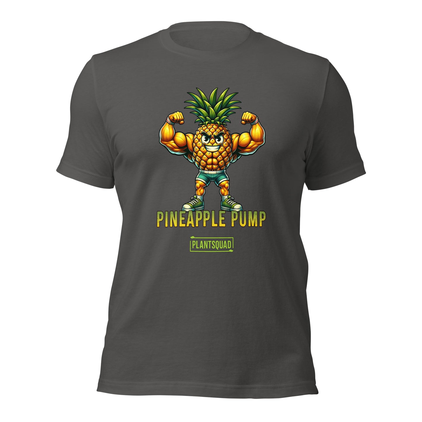 A black Plantsquad Pineapple "Pineapple Pump" - Unisex T-Shirt featuring an illustration of a muscular pineapple character flexing its biceps. Perfect for fitness enthusiasts, the text "Pineapple Pump" is written below, along with a yellow rectangular logo that says "Plantsquad," promoting a fun vegan lifestyle.