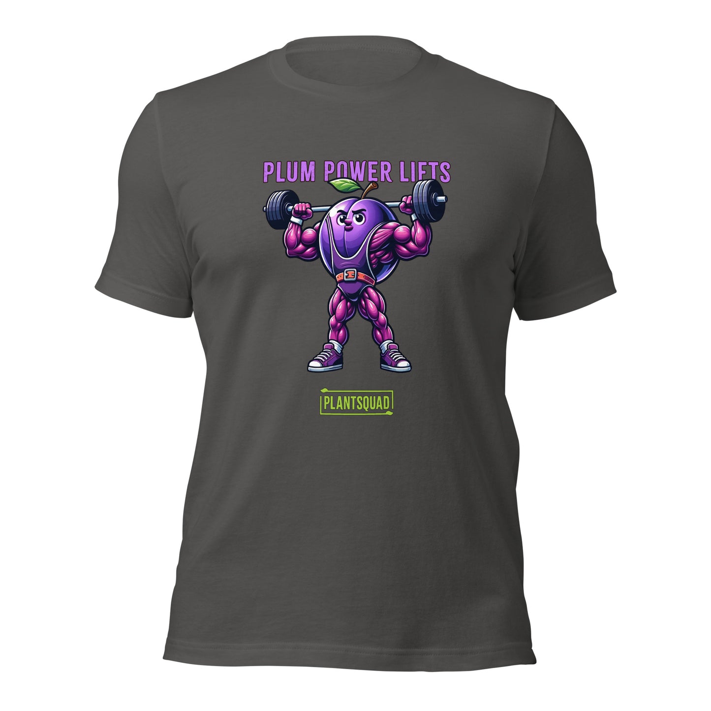 Plantsquad Plum "Plum Power Lifts" - Unisex T-Shirt featuring a cartoon plum with muscular arms and legs lifting a barbell. The text above the image reads "Plum Power Lifts" and below it, there's a logo with "PLANTSQUAD." Perfect for fitness enthusiasts embracing a vegan lifestyle, the plum character is depicted in a vibrant, exaggerated style.