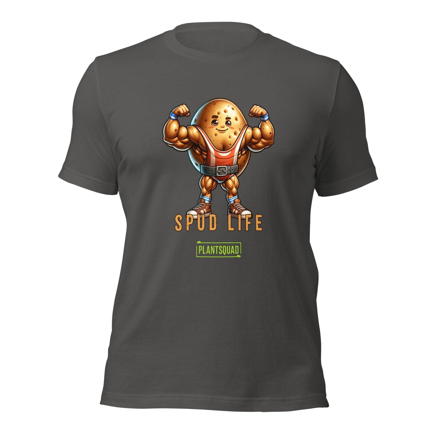 Plantsquad Potato "Spud Life" - Unisex T-Shirt: Black t-shirt featuring a muscular potato character flexing its arms, with the text "SPUD LIFE" above and "PLANTSQUAD" below. Perfect vegan t-shirt for those embracing a plant-based lifestyle and looking for unique workout apparel.