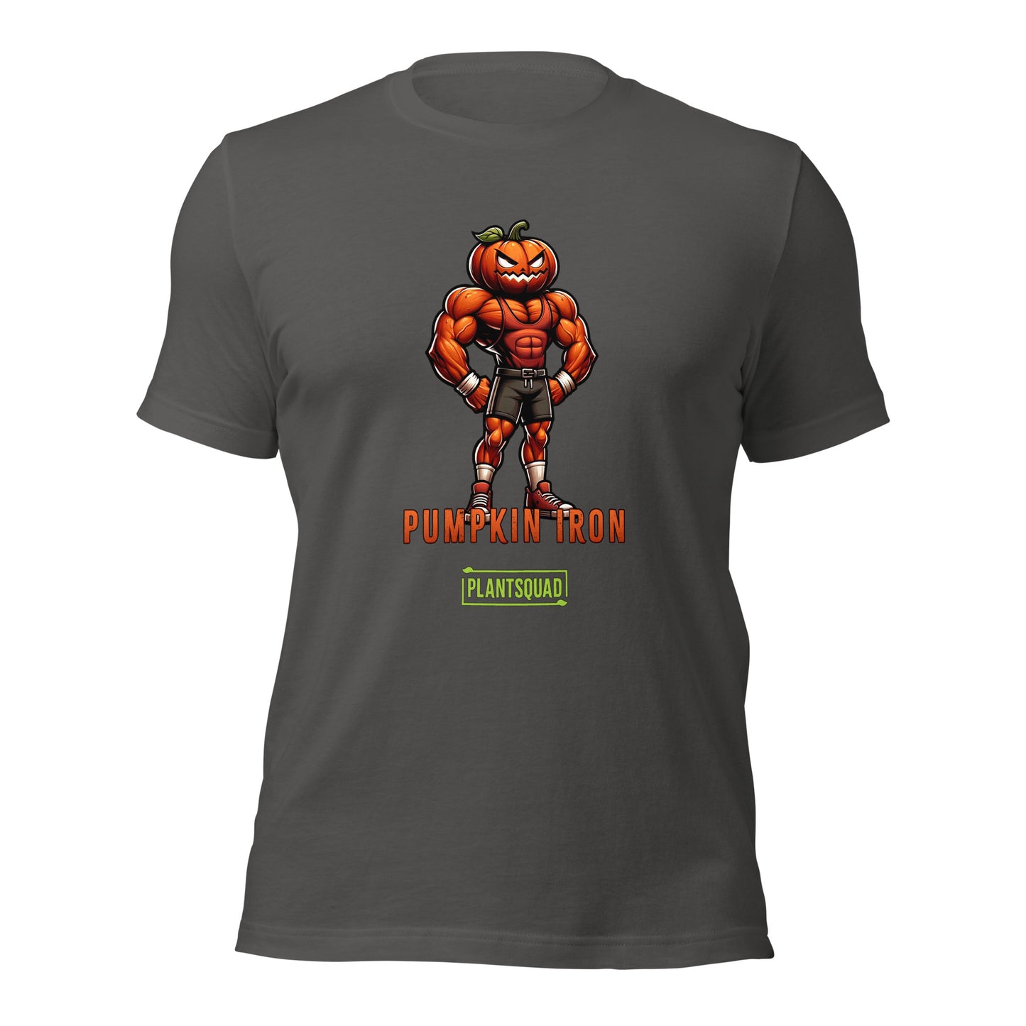 A Plantsquad Pumpkin "Pumpkin Iron" - Unisex T-Shirt featuring a muscular pumpkin-headed character flexing its arms. The character is wearing shorts, trainers, and gloves. The text "PUMPKIN IRON" is displayed in bold orange letters below the character, with "PLANTSQUAD" in green beneath it—perfect for fitness enthusiasts with a vegan lifestyle.