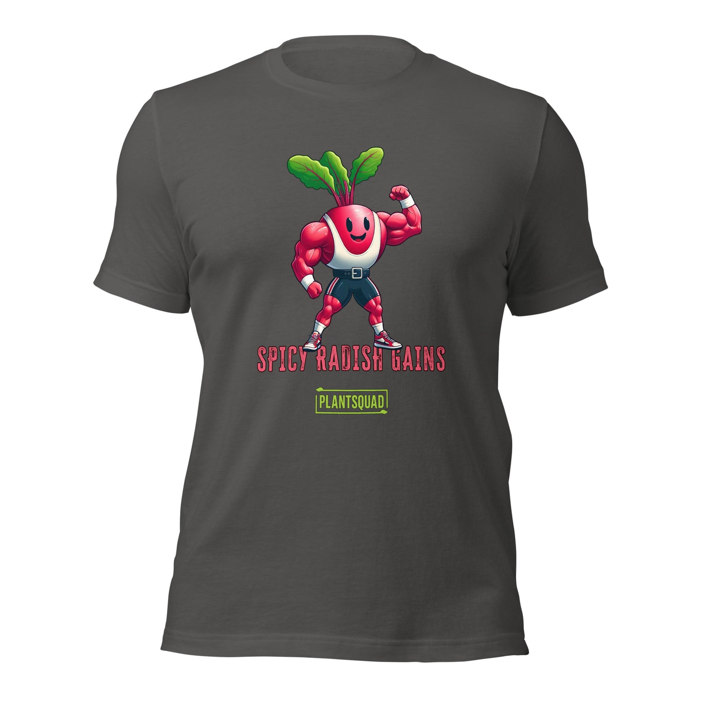 A Plantsquad Radish "Spicy Radish Gains" - Unisex T-Shirt features a muscular radish character with a smiling face and green leaves on its head, flexing its muscles. Below the character, the text reads "SPICY RADISH GAINS." The logo for "PLANTSQUAD" is displayed underneath the text, making it a perfect vegan fitness shirt.