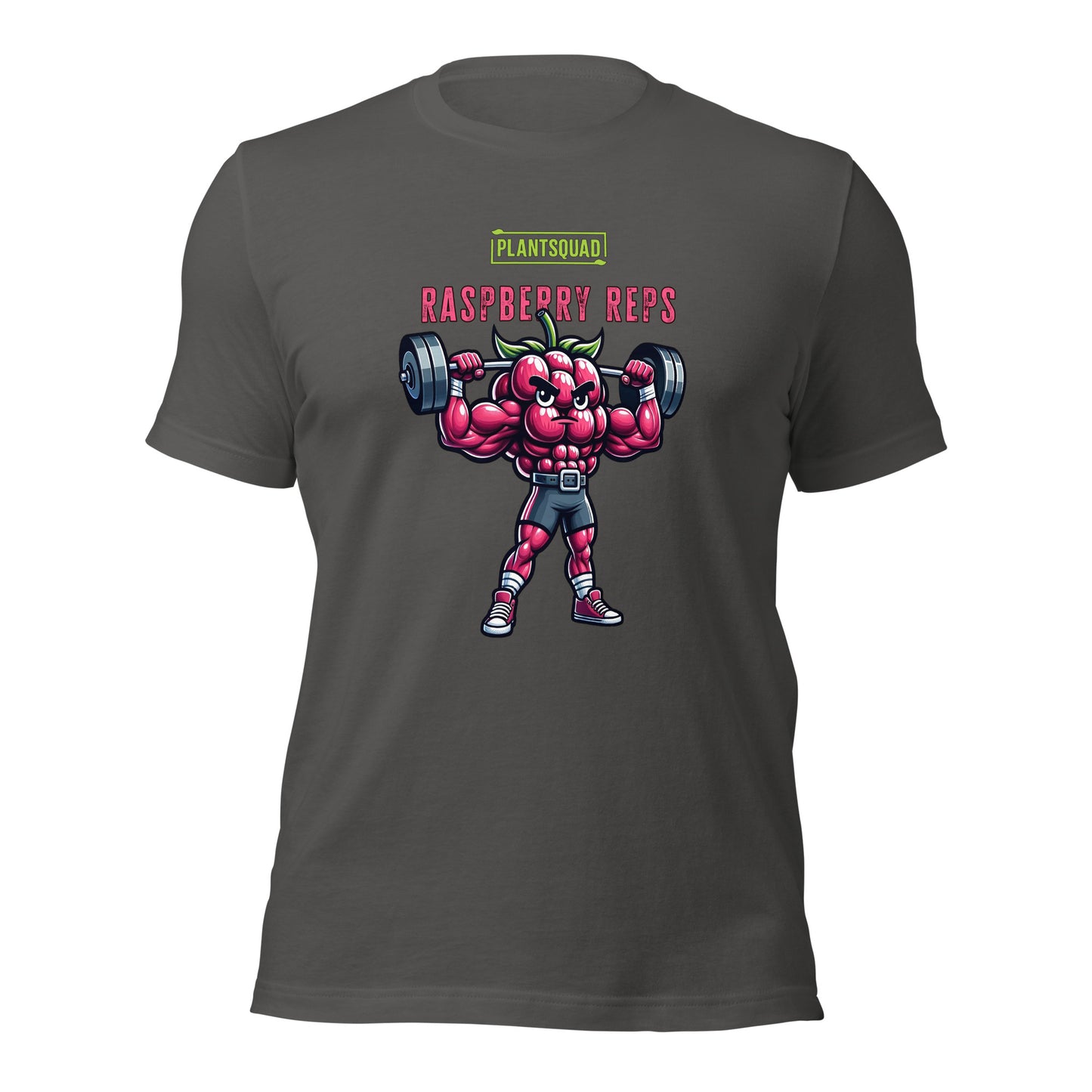 A black Plantsquad Raspberry "Raspberry Reps" - Unisex T-Shirt features a muscular raspberry lifting weights. Above the raspberry, the text reads "PLANTSQUAD" in green and "RASPBERRY REPS" in pink. The flexing raspberry character highlights vegan fitness while holding dumbbells—a perfect addition to your plant-based lifestyle collection.