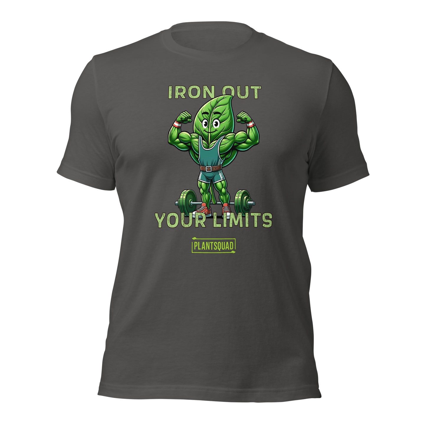 A black Plantsquad Spinach "Iron Out Your Limits" - Unisex T-Shirt featuring a muscular cartoon green leaf character lifting a barbell, with the text "IRON OUT YOUR LIMITS" above and below the character. Embrace your vegan lifestyle with the word "PLANTSQUAD" at the bottom in a small rectangular green box.