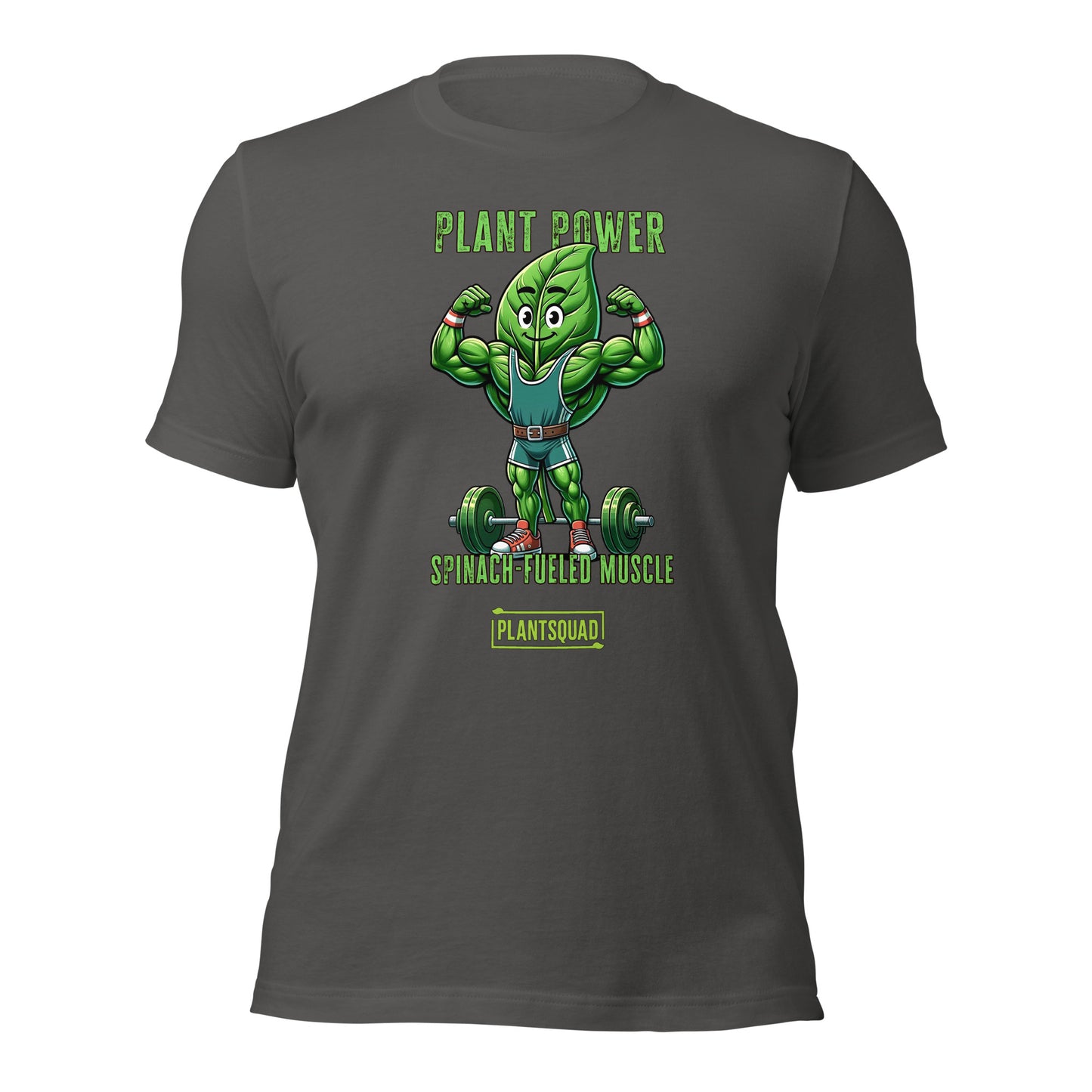 A black Plantsquad Spinach "Plant Power Spinach Fueled Muscle" - Unisex T-Shirt featuring a cartoon spinach leaf with muscular arms, wearing a green outfit and flexing next to a barbell. Perfect for fitness enthusiasts embracing the vegan lifestyle, it boasts "PLANT POWER, SPINACH-FUELED MUSCLE, #PLANTSQUAD" above and below the image.