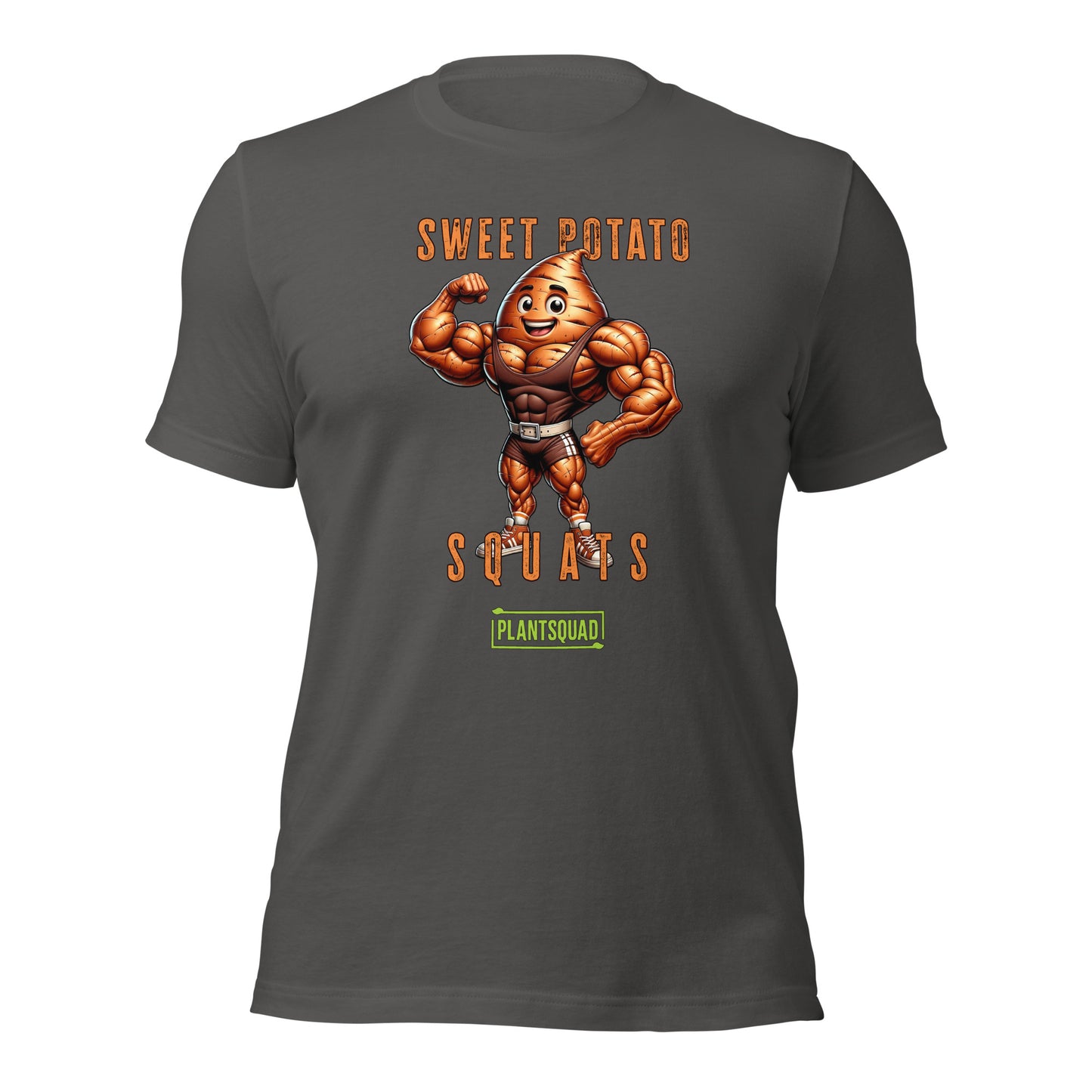 A Plantsquad Sweet Potato "Sweet Potato Squats" - Unisex T-Shirt featuring a muscular cartoon sweet potato character flexing its biceps. The text above the character reads "Sweet Potato" and below it reads "Squats." There is a green logo at the bottom with the text "PLANTSQUAD." Perfect for vegan fitness enthusiasts embracing a plant-based lifestyle.