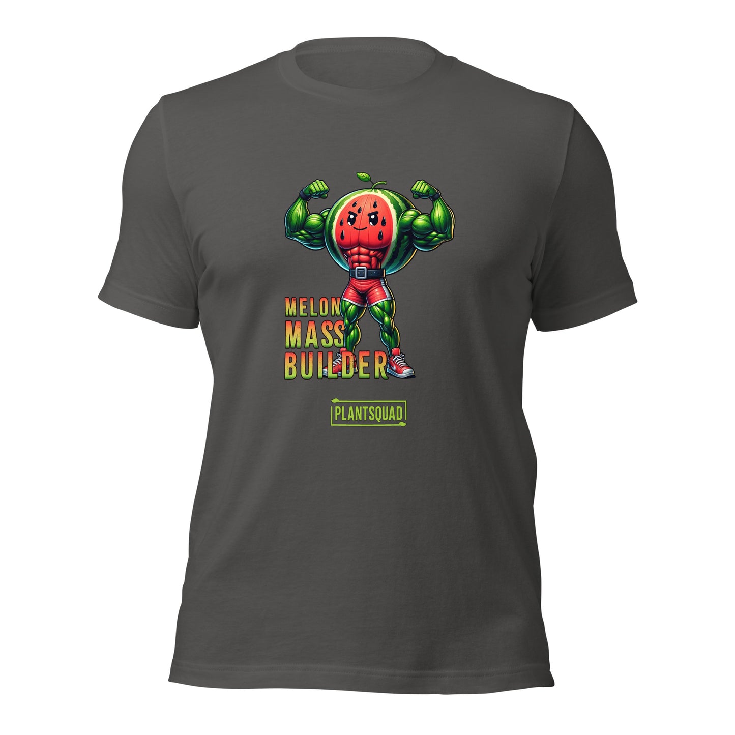 A black gym T-shirt features a muscly watermelon cartoon character flexing its arms. The text reads "Melon Mass Builder" in large colorful letters, with "Plant Squad" written below. Perfect for those embracing a vegan lifestyle, the design is bold and vibrant. The product name is: Plantsquad Watermelon "Melon Mass Builder" - Unisex T-Shirt.