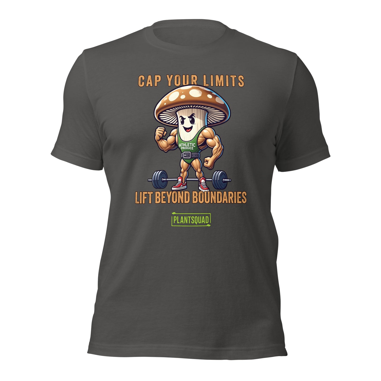 The Plantsquad Mushroom "Cap Your Limits Lift Beyond Boundaries" - Unisex T-Shirt is a black T-shirt featuring a cartoon, muscly mushroom character in athletic gear flexing above a barbell with weights. The text reads "CAP YOUR LIMITS" above the mushroom and "LIFT BEYOND BOUNDARIES" below, with the "PLANTSQUAD" logo at the bottom—a true vegan fitness shirt for those embracing a plant-based lifestyle.