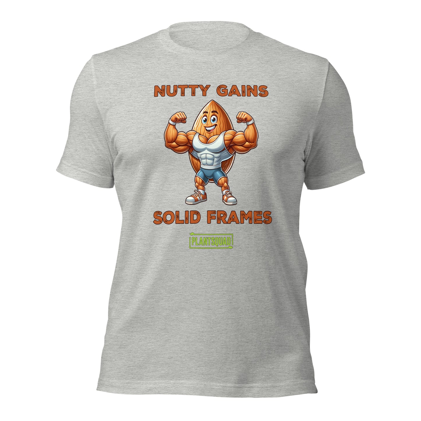 A black T-shirt features a muscular cartoon peanut character flexing its arms. Above the character, text reads "Nutty Gains," and below, "Solid Frames." The Plantsquad Almond "Nutty Gains Solid Frames" - Unisex T-Shirt logo appears at the bottom in green.