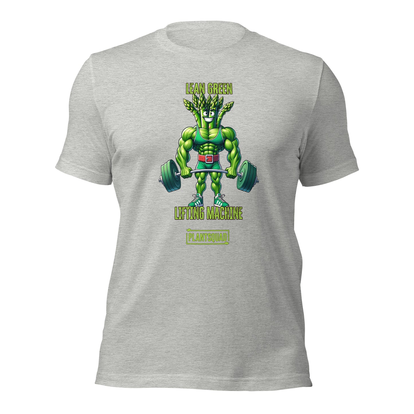 A black T-shirt featuring a muscular green creature holding barbells, under the text "LEAN GREEN LIFTING MACHINE." Below the graphic, a text box proudly reads "Plantsquad Asparagus 'Lean Green Lifting Machine' - Unisex T-Shirt" to represent your team.