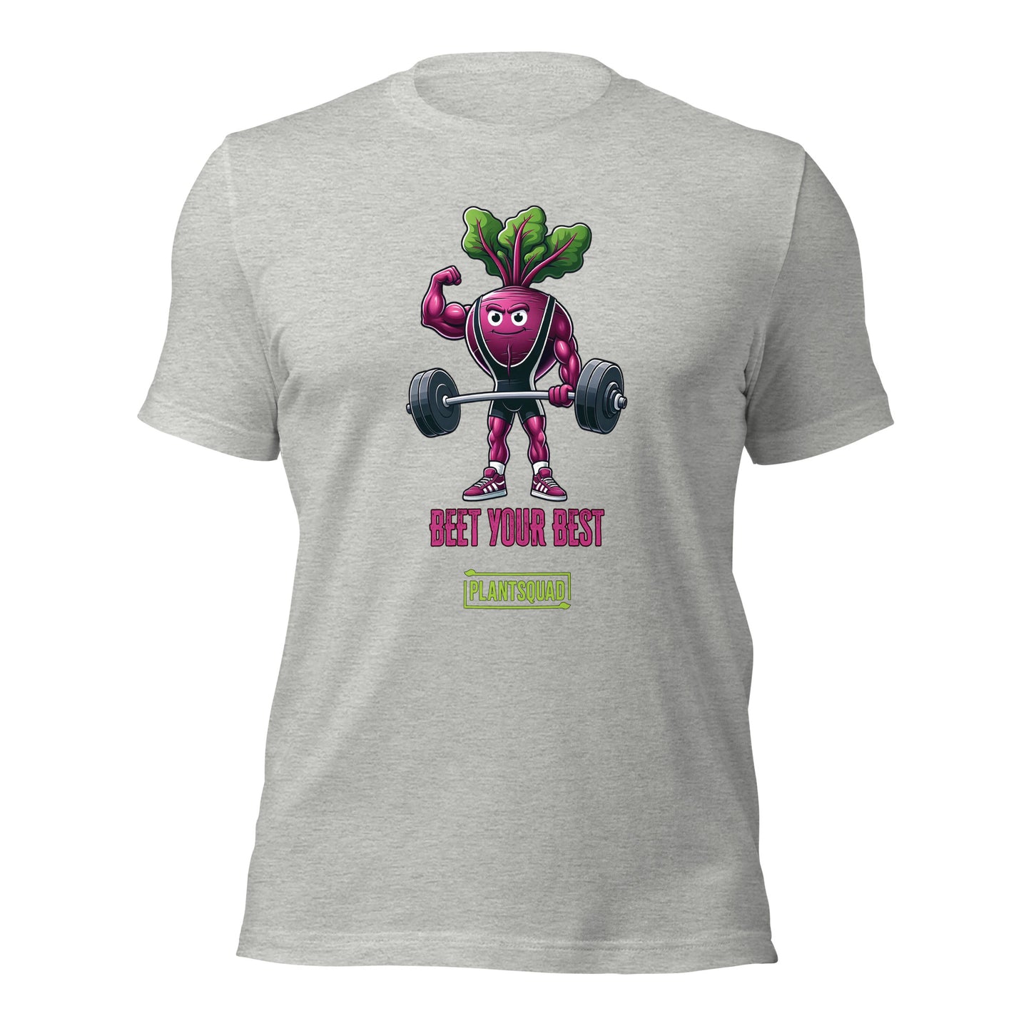 A Plantsquad Beetroot "Beet Your Best" - Unisex T-Shirt featuring a cartoon beetroot lifting weights with a determined expression. Above the beetroot, the text reads, "BEET YOUR BEST," while below it, "PLANTSQUAD" is showcased in a green box.