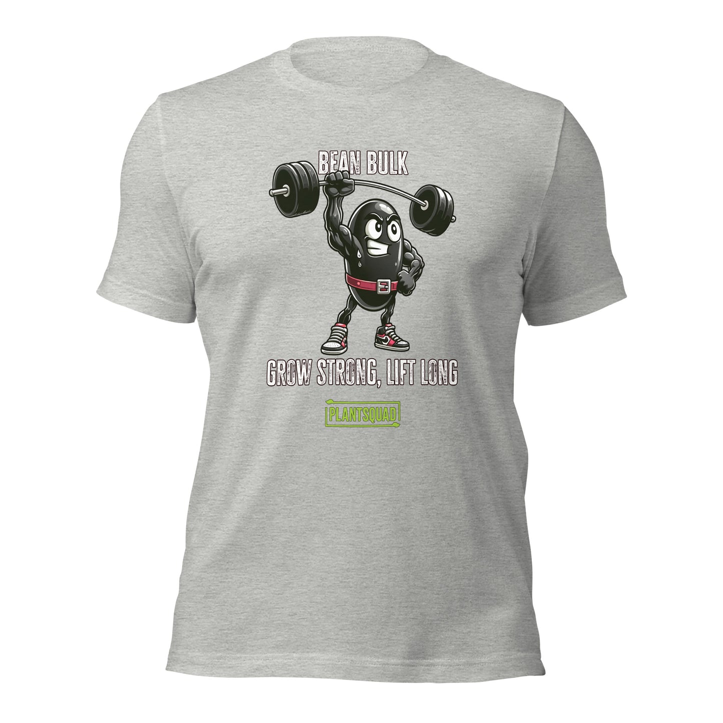 The Plantsquad Black Bean "Bean Bulk Grow Strong Lift Long" - Unisex T-Shirt features a muscular cartoon bean character lifting a barbell. The text above the character reads "Bean Bulk" and below it says "Grow Strong, Lift Long." Proudly show your loyalty to the Plantsquad with the word displayed in a green box at the bottom.
