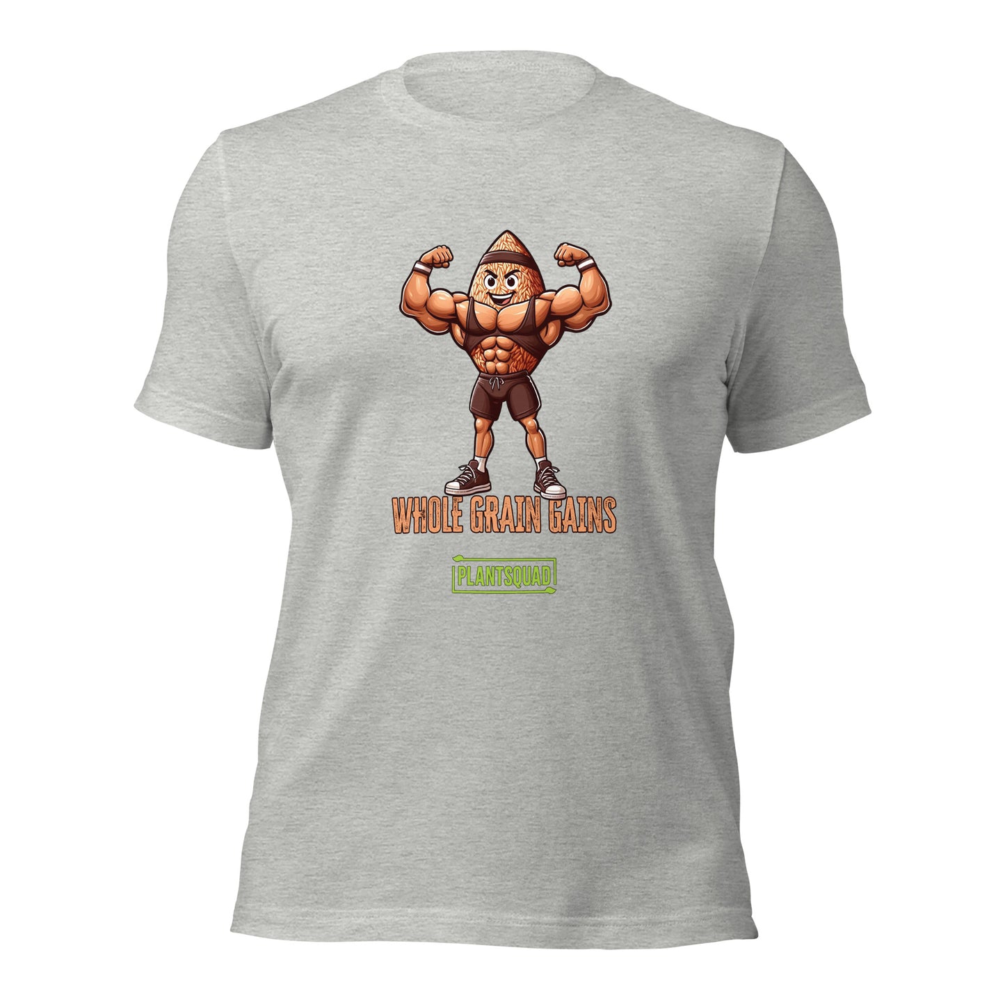 A Plantsquad Brown Rice "Whole Grain Gains" - Unisex T-Shirt featuring an illustration of an anthropomorphic, muscular grain character flexing its biceps. The text "WHOLE GRAIN GAINS" is written below the character, and "PLANTSQUAD" stands out in green within a rectangular box beneath that.