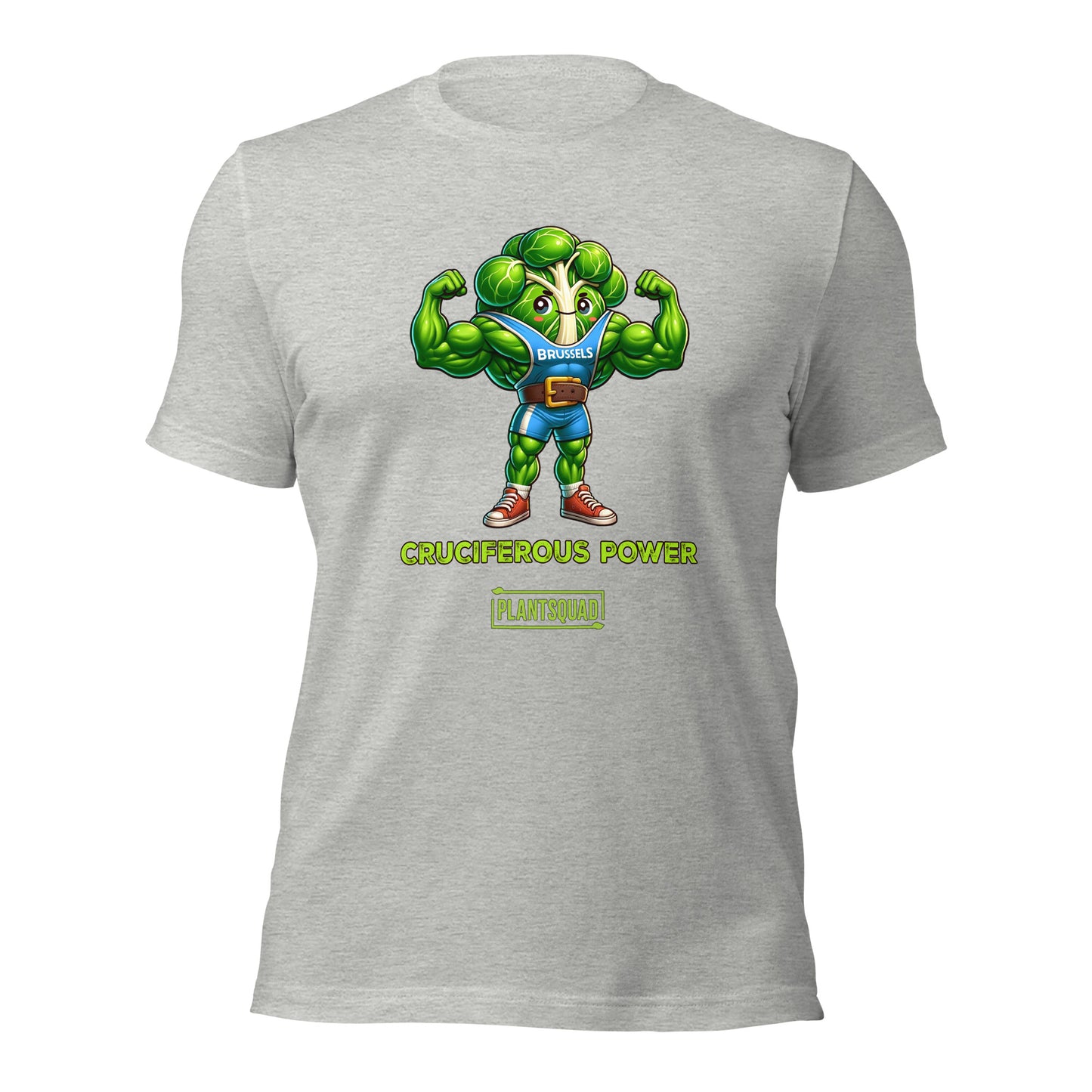 A Plantsquad Brussel Sprout "Cruciferous Power" - Unisex T-Shirt features a muscular cartoon broccoli character in a blue top flexing its biceps. Below the character, bold text reads "CRUCIFEROUS POWER", while underneath in smaller text is the keyword hashtag "plantsquad".