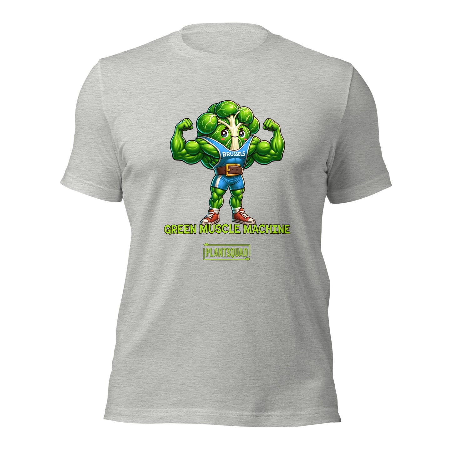 The Plantsquad Brussel Sprout "Green Muscle Machine" - Unisex T-Shirt showcases a muscular, anthropomorphic green broccoli character in a blue tank top flexing its arms. Below the character, the words "GREEN MUSCLE MACHINE" and "#PLANTSQUAD" are emblazoned in vibrant green text.