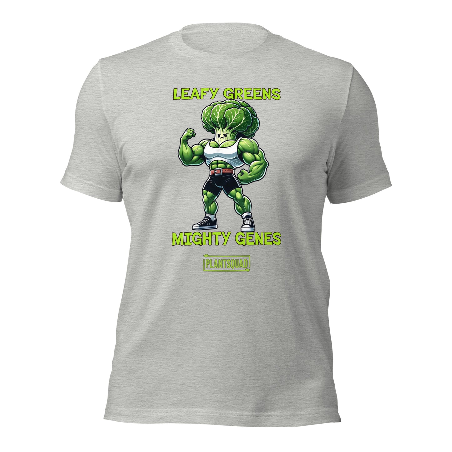 Product Name: Plantsquad Cabbage "Leafy Greens Mighty Genes" - Unisex T-Shirt

A Plantsquad Cabbage "Leafy Greens Mighty Genes" - Unisex T-Shirt featuring a muscular cartoon broccoli character flexing its arms. The text above the character reads "LEAFY GREENS" and below it, "MIGHTY GENES." A small rectangle at the bottom proudly boasts "#plantsquad.