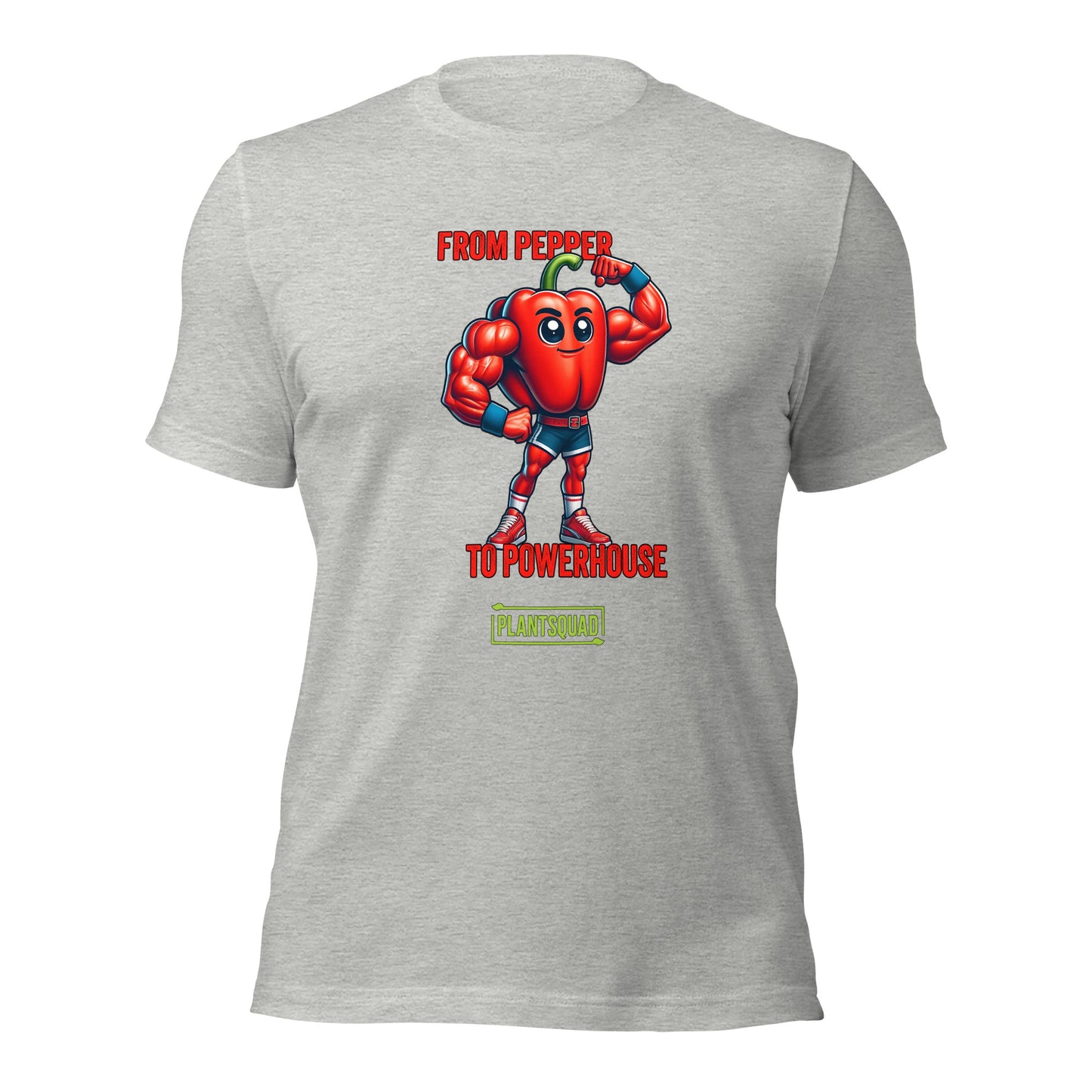 The Plantsquad Capsicum "From Pepper To Powerhouse" - Unisex T-Shirt features a muscular cartoon red bell pepper wearing a superhero outfit with a blue mask and gloves. The text above the character reads "FROM PEPPER TO POWERHOUSE" and below it, #PLANTSQUAD is displayed in a green box.