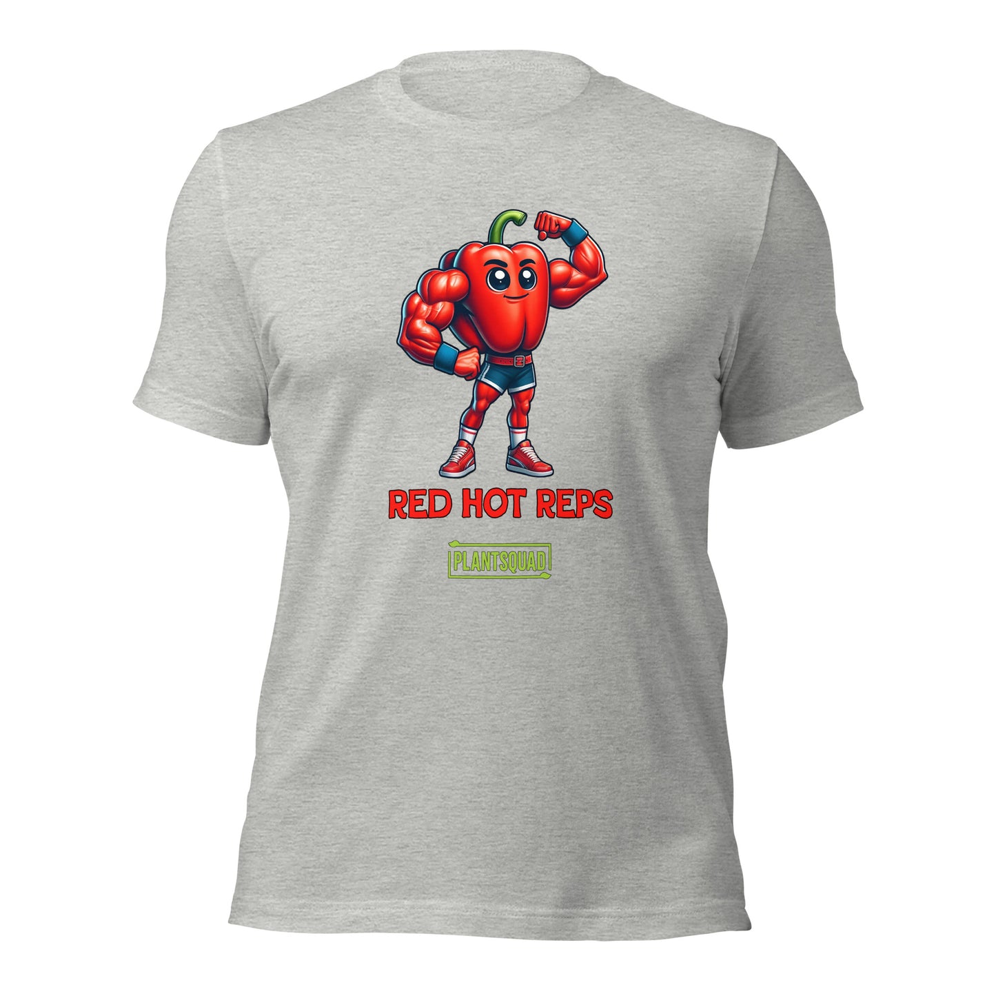 A Plantsquad Capsicum "Red Hot Reps" - Unisex T-Shirt featuring an illustration of a muscular red pepper character flexing its arms. Below the character are the words "RED HOT REPS" in bold red letters, and "PLANTSQUAD" in vibrant green text with a yellow border, showcasing your love for fitness and plant power.