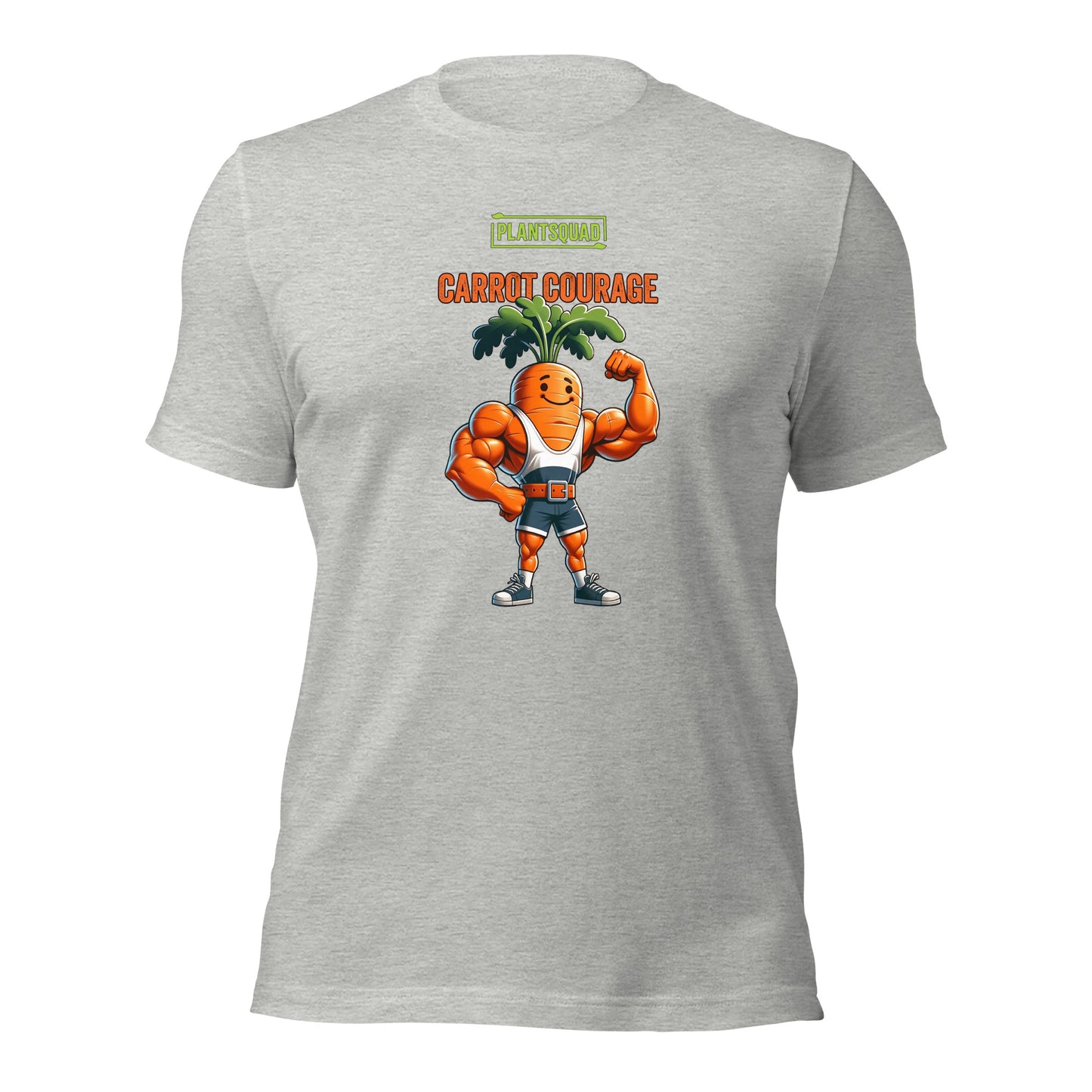 Plantsquad Carrot "Carrot Courage" - Unisex T-Shirt featuring a muscular carrot character flexing its muscles, with "PLANTSQUAD" boldly above and "CARROT COURAGE" below. The carrot sports a smiling face and green leafy hair, proudly representing the plantsquad.