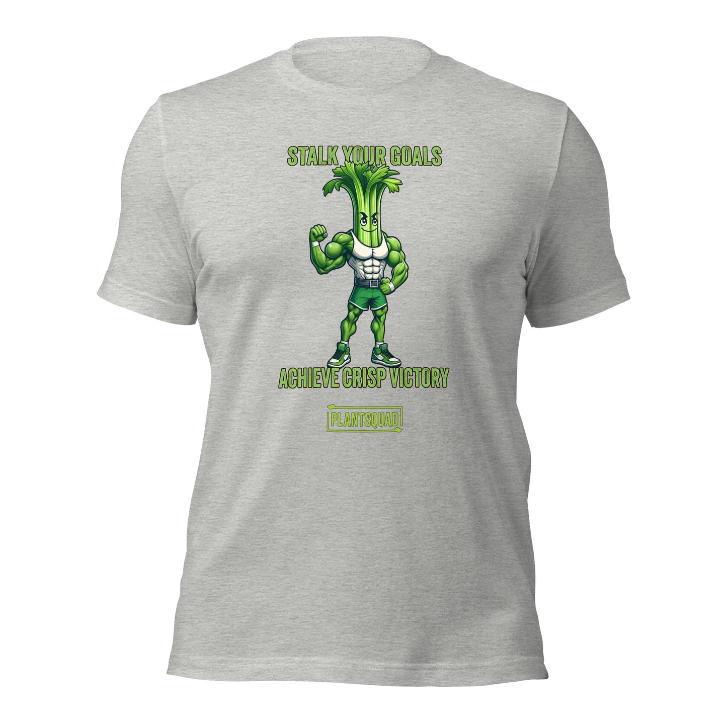 A Plantsquad Celery "Stalk Your Goals Achieve Crisp Victory" - Unisex T-Shirt featuring an illustration of a muscular celery stalk character flexing its arm. The shirt proudly displays "STALK YOUR GOALS" at the top and "ACHIEVE CRISP VICTORY" below the character, with "PLANTSQUAD" showcased in a box at the bottom. Perfect for any plantsquad enthusiast!