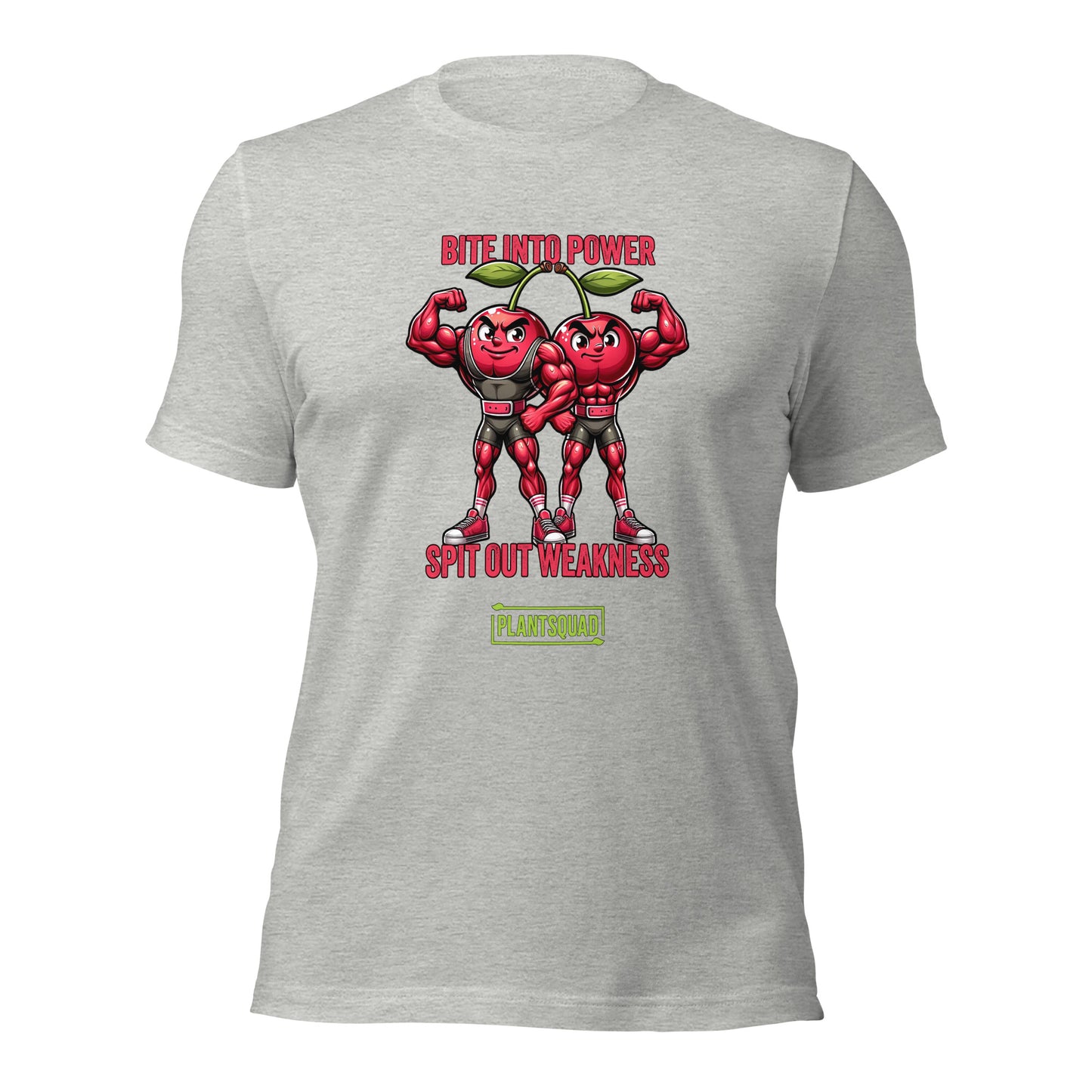 A black Plantsquad Cherries "Bite Into Power Spit Out Weakness" - Unisex T-shirt features two muscular cartoon cherries flexing their arms. Above them, pink text reads "Bite Into Power." Below them, white text reads "Spit Out Weakness." At the bottom, there's a green and yellow Plantsquad logo.