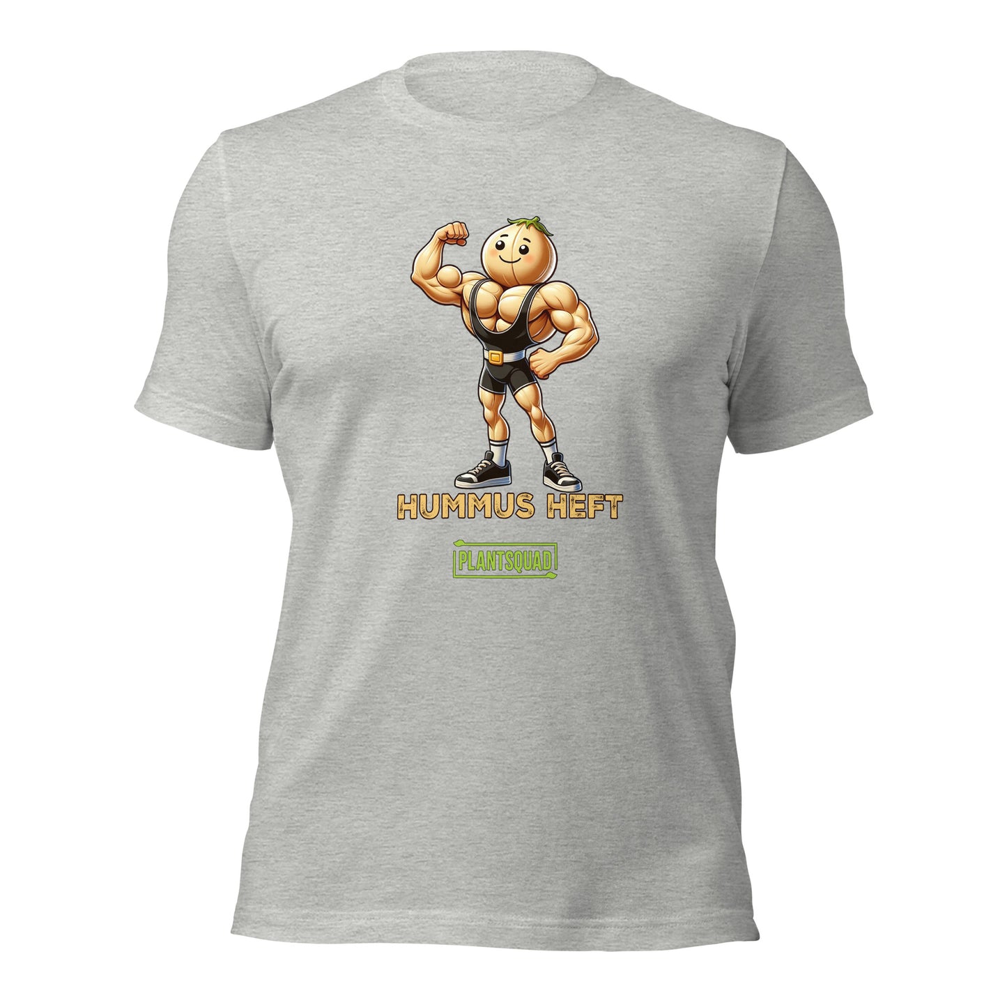 A Plantsquad Chickpea "Hummus Heft" - Unisex T-Shirt featuring a muscular chickpea character flexing its arms. Below the character, the text proudly reads, "HUMMUS HEFT" and "#PLANTSQUAD." The character and text are printed in vibrant yellow and white, adding striking contrast to the black shirt.