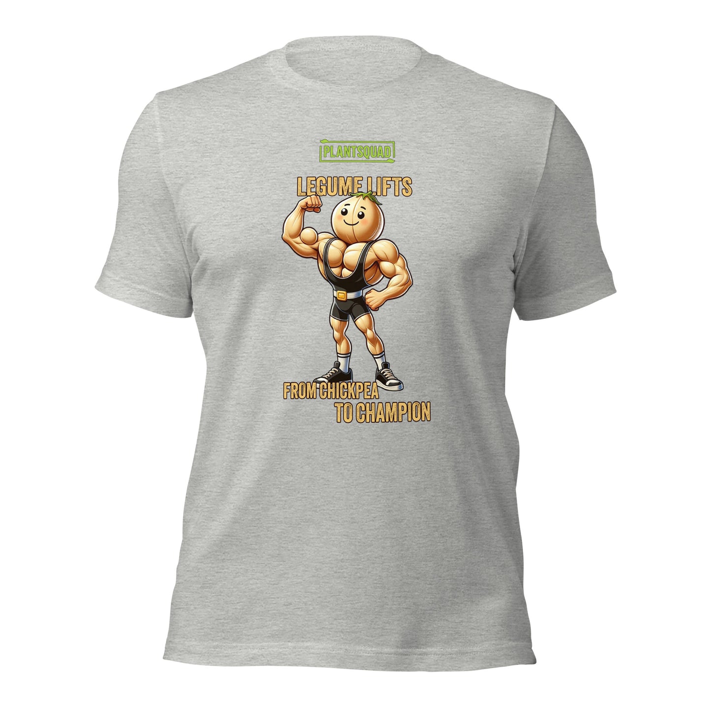 A black T-shirt featuring a muscular, anthropomorphic chickpea in a black singlet. The text reads, "PLANTSQUAD LEGUME LIFTS FROM CHICKPEA TO CHAMPION." The chickpea is flexing its biceps and smiling confidently. This is the Plantsquad Chickpea "Legume Lifts" - Unisex T-Shirt.