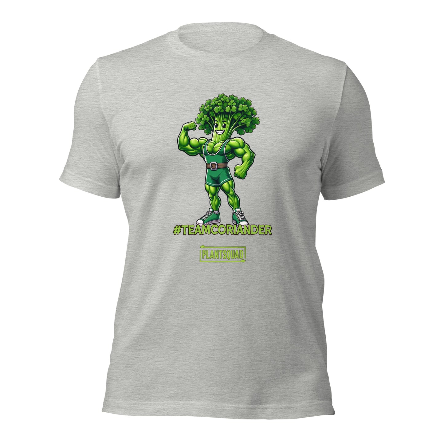 A black t-shirt featuring a cartoon anthropomorphic broccoli character flexing its muscles. The character is wearing a green singlet and sneakers. Text underneath reads "#TEAMCORIANDER" and "PLANTSQUAD" in bright green and yellow lettering, proudly showcasing your plantsquad spirit. This is the Plantsquad Coriander "Team Coriander" - Unisex T-Shirt.