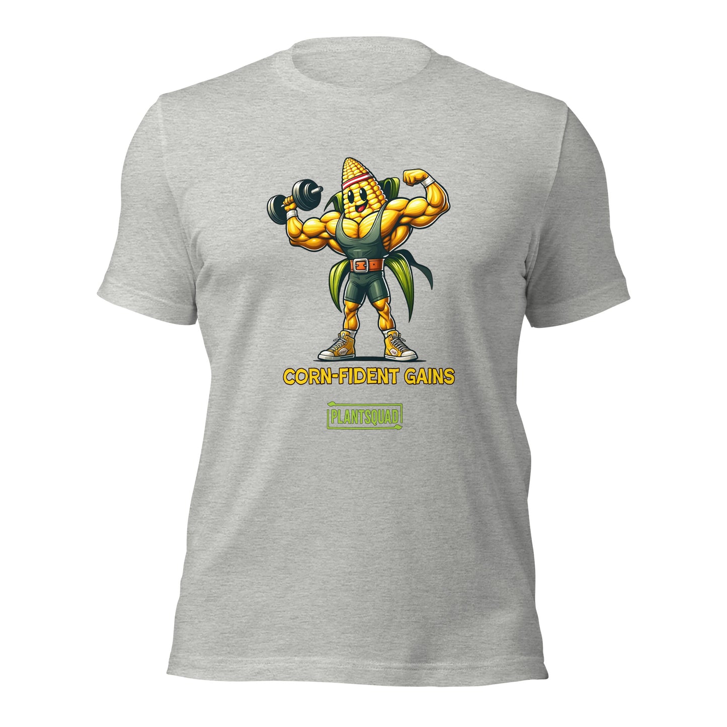 The Plantsquad Corn "Corn-fident Gains" - Unisex T-Shirt showcases a muscular cartoon corn cob sporting a green belt. The text beneath the character reads, "CORN-FIDENT GAINS," with "plantsquad" proudly displayed in a green box below it.