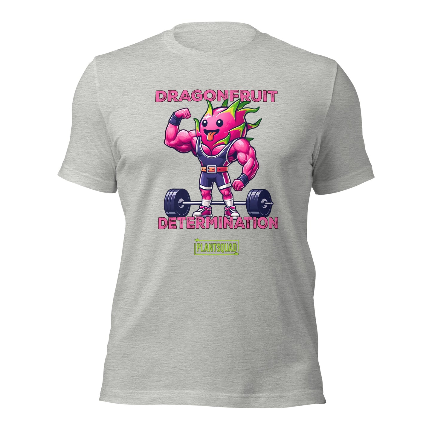 The Plantsquad Dragonfruit "Dragonfruit Determination" - Unisex T-Shirt features a black T-shirt with a muscular anthropomorphic dragon fruit character lifting weights. The text above the character reads "Dragonfruit" and below it reads "Determination." At the bottom, there's a stylish PlantSquad logo.