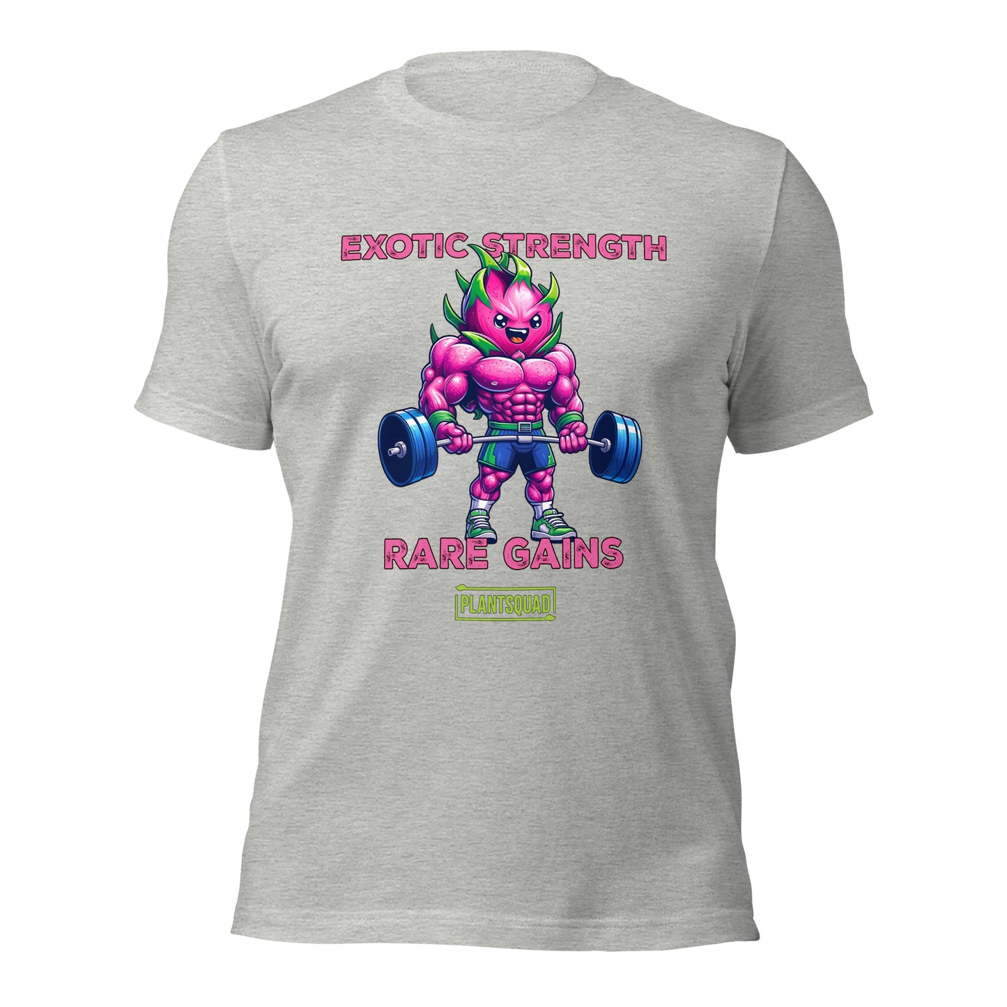 A Plantsquad Dragonfruit "Exotic Strength Rare Gains" - Unisex T-Shirt featuring a muscular anthropomorphic plant figure lifting a barbell. The character boasts bright purple skin and green leaves. Above the figure, text reads "EXOTIC STRENGTH," and below, "RARE GAINS." A small logo at the bottom proudly displays "PLANTSQUAD.