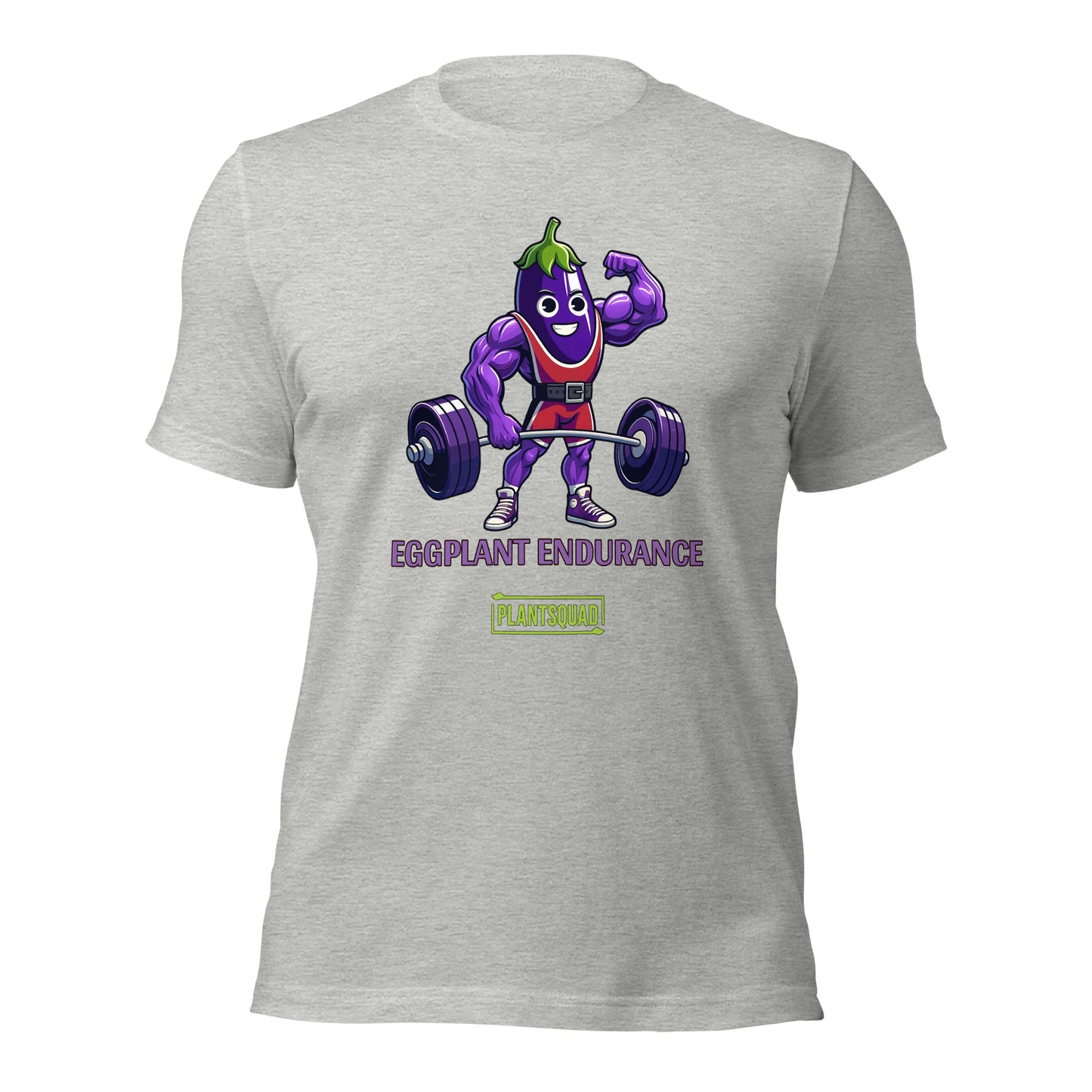 A Plantsquad Eggplant "Eggplant Endurance" - Unisex T-Shirt featuring a muscular animated eggplant character wearing a red and white athletic outfit, lifting a barbell. The text reads "Eggplant Endurance" above "Plantsquad" in green.