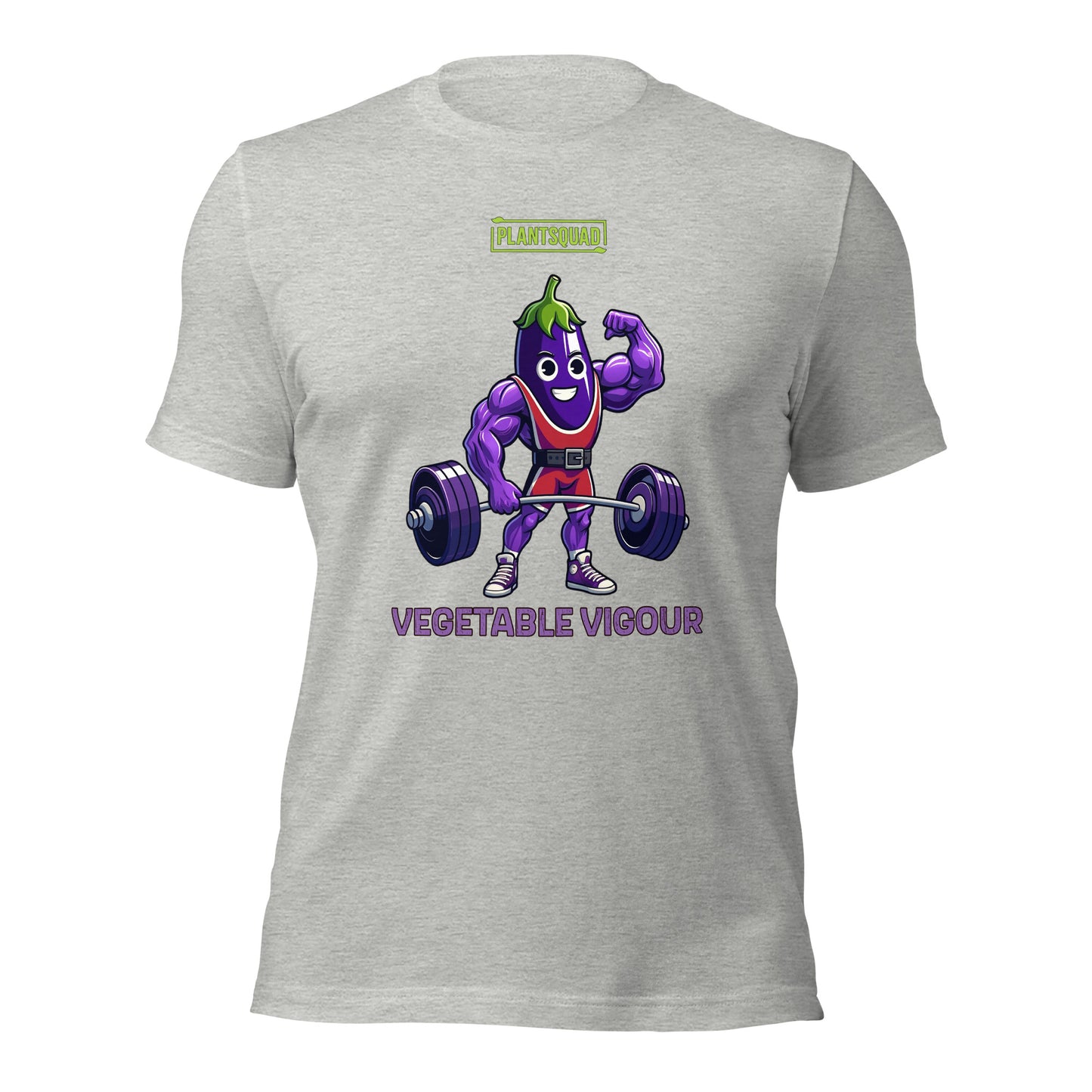 A Plantsquad Eggplant "Vegetable Vigour" - Unisex T-Shirt featuring a cartoon eggplant character lifting a heavy barbell. The muscular, smiling eggplant sports red shorts and green hair. Above the character, it proudly reads "PLANTSQUAD," with "VEGETABLE VIGOUR" in bold purple letters below.