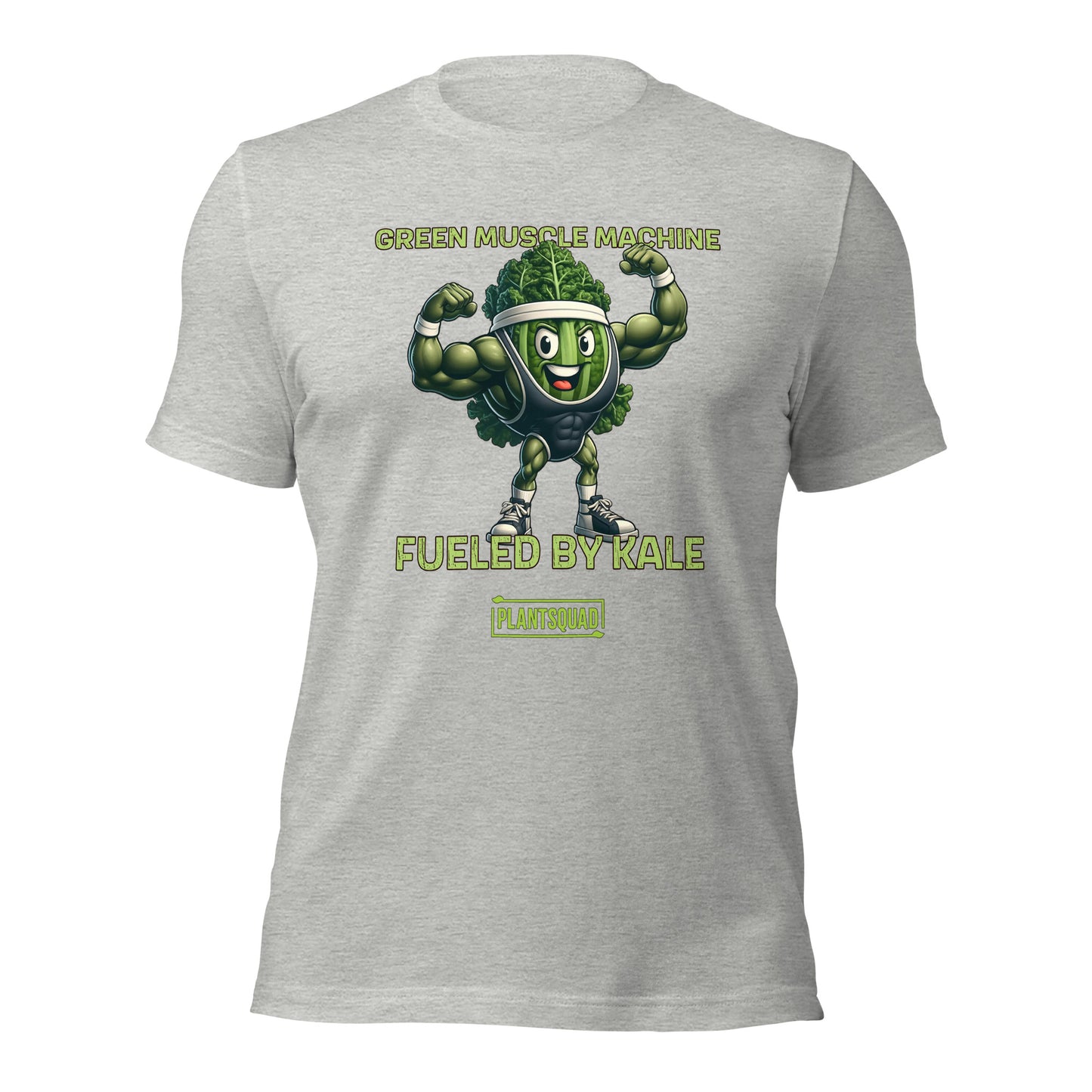 Plantsquad Kale "Green Muscle Machine Fueled By Kale" - Unisex T-Shirt featuring a cartoon kale character with muscular arms, flexing and smiling. The shirt displays the text "GREEN MUSCLE MACHINE" above the character and "FUELED BY KALE" below. Proudly wear your "PLANTSQUAD" mantra at the bottom of this unique design.
