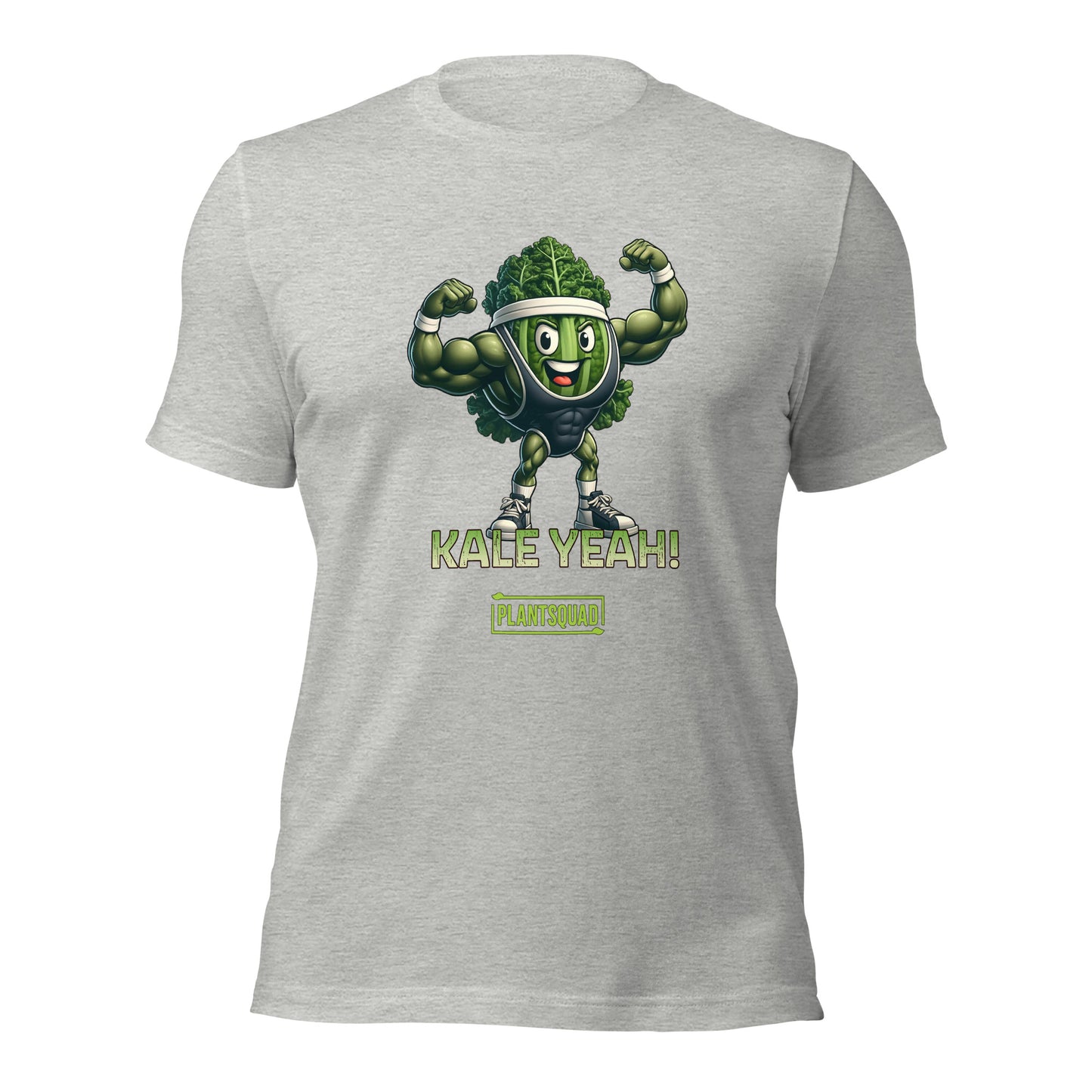 A black Plantsquad Kale "Kale Yeah!" - Unisex T-Shirt showcases a cartoon illustration of a muscular, flexing kale leaf wearing a headband, sneakers, and a smile. Below the character, the text proudly declares "KALE YEAH!" with "PLANTSQUAD" subtly printed underneath in smaller font.