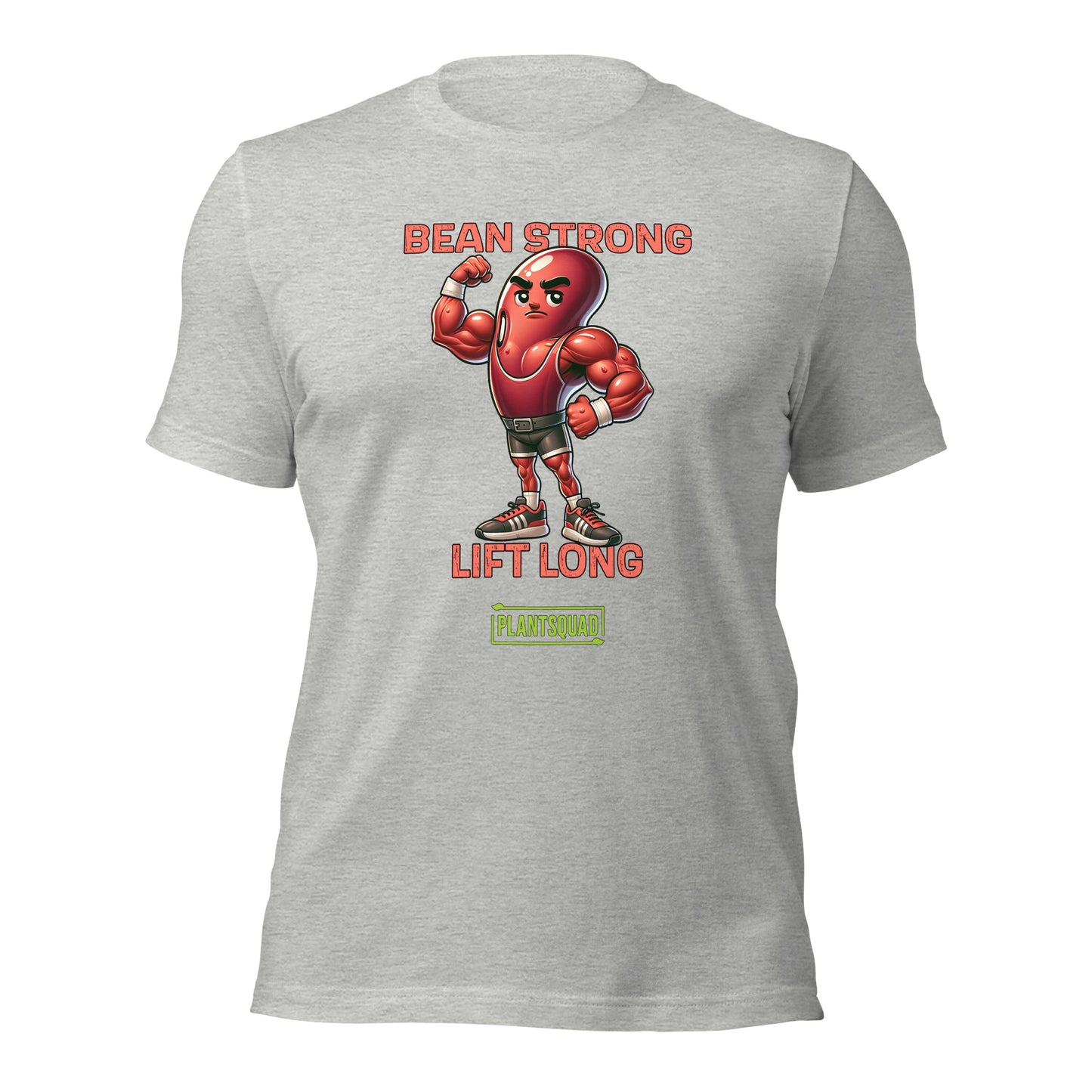 A black t-shirt featuring a muscular cartoon bean character flexing its arm. Above the character are the words "BEAN STRONG" and below it, "LIFT LONG." The bottom of this Plantsquad Kidney Bean "Bean Strong Lift Long" - Unisex T-Shirt proudly displays the "PLANTSQUAD" logo.