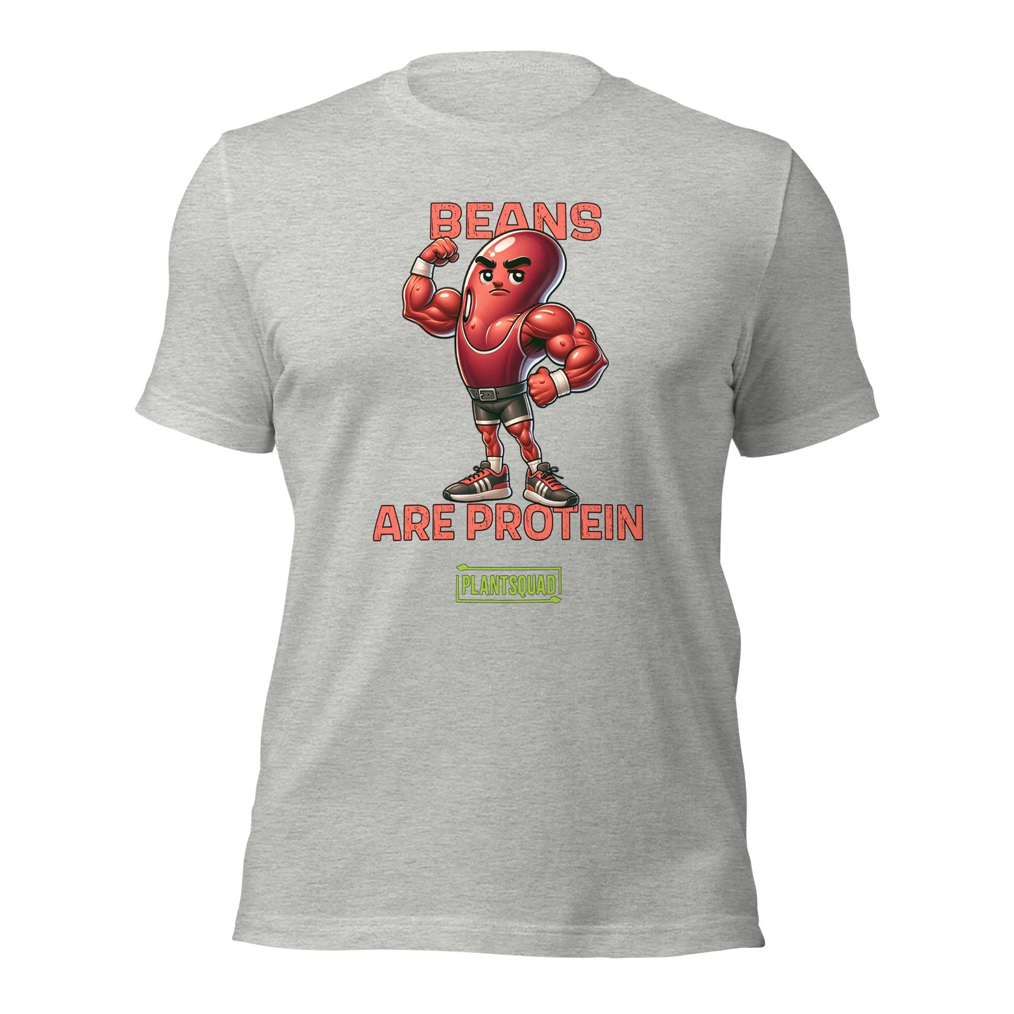 A black t-shirt featuring a muscular cartoon bean character with arms flexed. Above the character, red text reads "Beans," and below it, "Are Protein" is displayed in orange. Beneath that, the word "Plantsquad" is prominently written in green — Plantsquad Kidney Bean "Beans Are Protein" - Unisex T-Shirt.