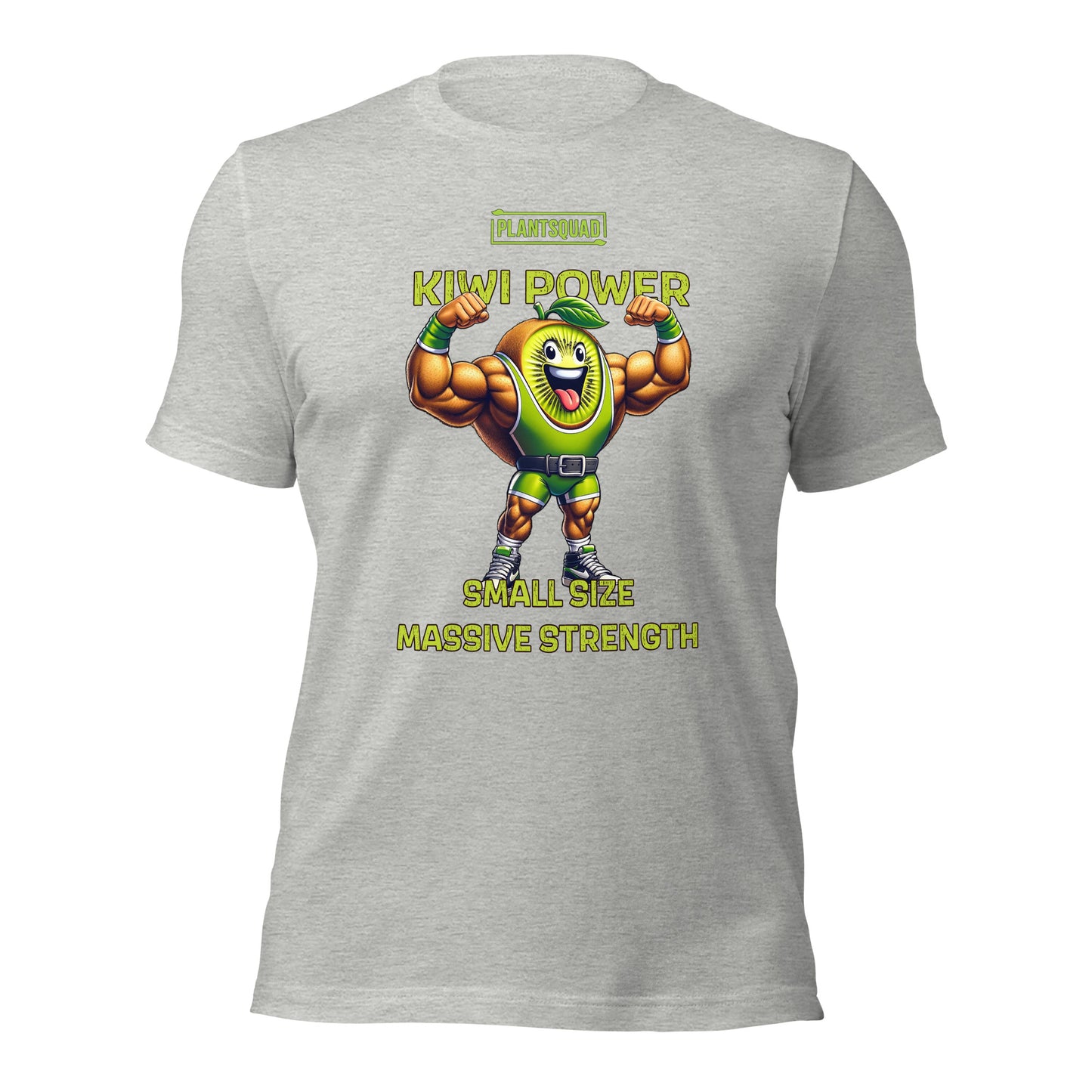 A Plantsquad Kiwi "Kiwi Power Small Size Massive Strength" - Unisex T-Shirt featuring a muscly kiwi cartoon character flexing its arms. Above the character, the text reads, "PLANTSQUAD KIWI POWER." Below the character, the text reads, "SMALL SIZE MASSIVE STRENGTH," perfect for a vegan lifestyle vibe.