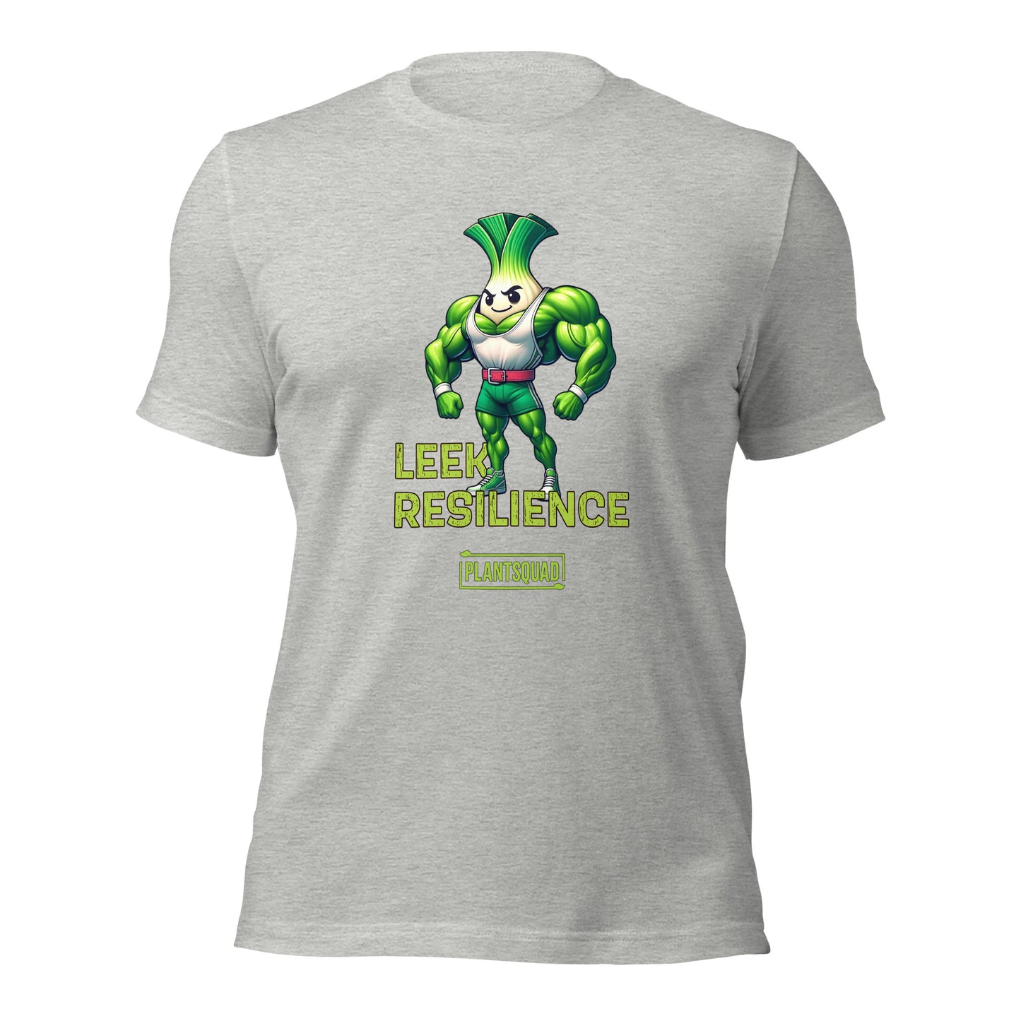 A black T-shirt features a muscular cartoon leek with a determined expression, perfect for embracing a plant-based lifestyle. The leek has a white bulb and green foliage, wearing red shorts. Text reads "Leek Resilience" above and "Plant Squad" below, making it the ultimate fitness t-shirt. Introducing the Plantsquad Leek "Leek Resilience" - Unisex T-Shirt!