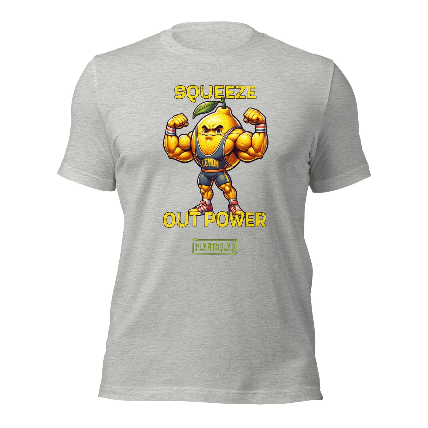 A black Plantsquad Lemon "Squeeze Out Power" - Unisex T-Shirt featuring a muscular lemon character flexing its arms with the text "Squeeze Out Power" in yellow. Perfect for fitness enthusiasts and those embracing a vegan lifestyle, the word "LEMON" appears on the character's chest, with "PLANTSQUAD" in a green box at the bottom.