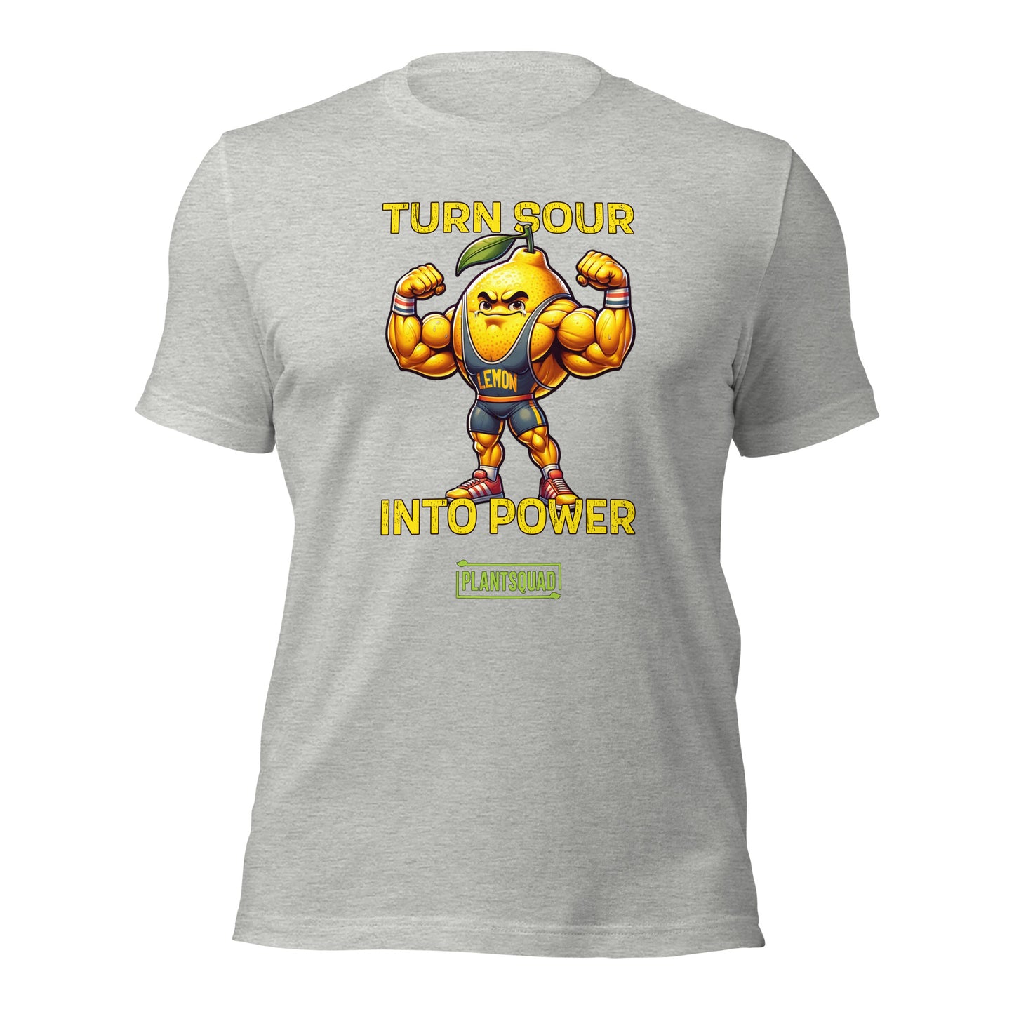 A black gym T-shirt featuring a muscly lemon cartoon flexing its biceps. Yellow text above reads "TURN SOUR," and below says "INTO POWER." A green and yellow label at the bottom displays the word "PLANTSQUAD," perfect for showcasing your Vegan lifestyle. This is the Plantsquad Lemon "Turn Sour Into Power" - Unisex T-Shirt.