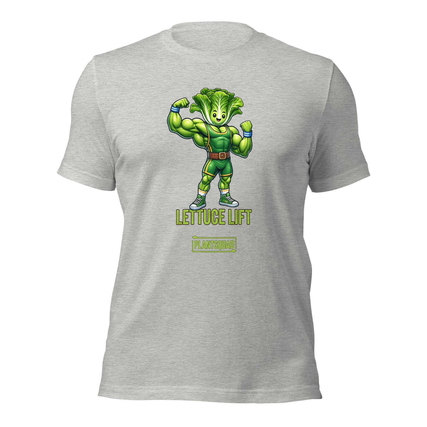 A Plantsquad Lettuce "Lettuce Lift" - Unisex T-Shirt featuring a muscular anthropomorphic lettuce flexing its arms. Below the image, the text reads "LETTUCE LIFT" in bold green letters, with "PLANTSQUAD" in a smaller font—perfect for fitness enthusiasts embracing a plant-based lifestyle.