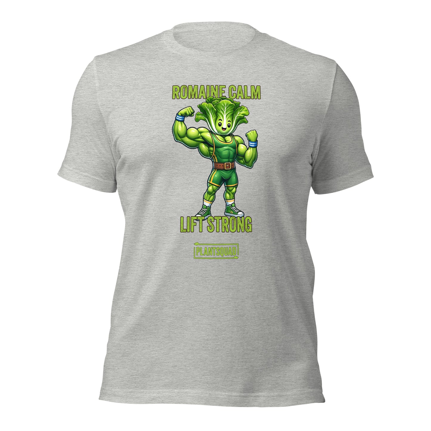 Product Name: Plantsquad Lettuce "Romaine Calm Lift Strong" - Unisex T-Shirt

Sentence: A black T-shirt featuring an illustration of a muscular, anthropomorphic lettuce lifting weights. Perfect for fitness enthusiasts embracing a vegan lifestyle, it reads "ROMAINE CALM" above the illustration and "LIFT STRONG" below, with "Plantsquad Lettuce 'Romaine Calm Lift Strong' - Unisex T-Shirt" at the bottom.