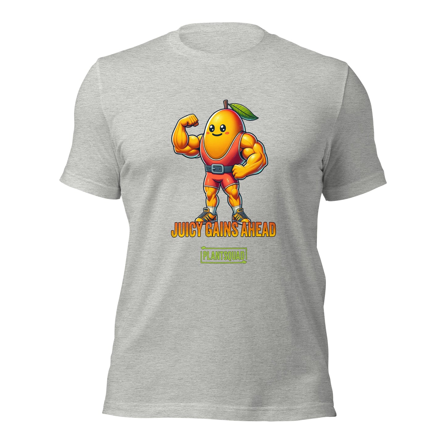 A black Plantsquad Mango "Juicy Gains Ahead" - Unisex T-Shirt featuring a muscular, anthropomorphic orange fruit character with a leaf on its head, flexing its biceps. Text below the character reads "JUICY GAINS AHEAD" with "PLANTSQUAD" in a box underneath. Perfect fitness apparel for those living a plant-based lifestyle.