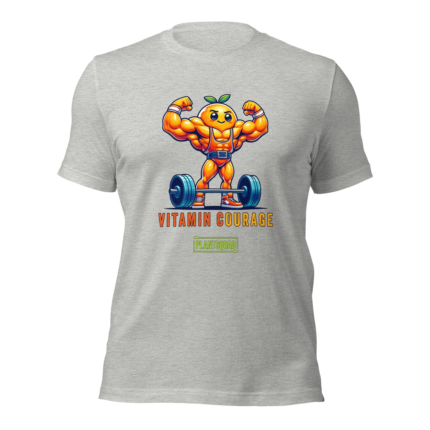 Plantsquad Orange "Vitamin Courage" - Unisex T-Shirt featuring a muscular, anthropomorphic orange lifting a barbell. The text reads "VITAMIN COURAGE" above and "PLANTSQUAD" inside a green rectangle below the image, perfect for fitness enthusiasts and those embracing a plant-based lifestyle.