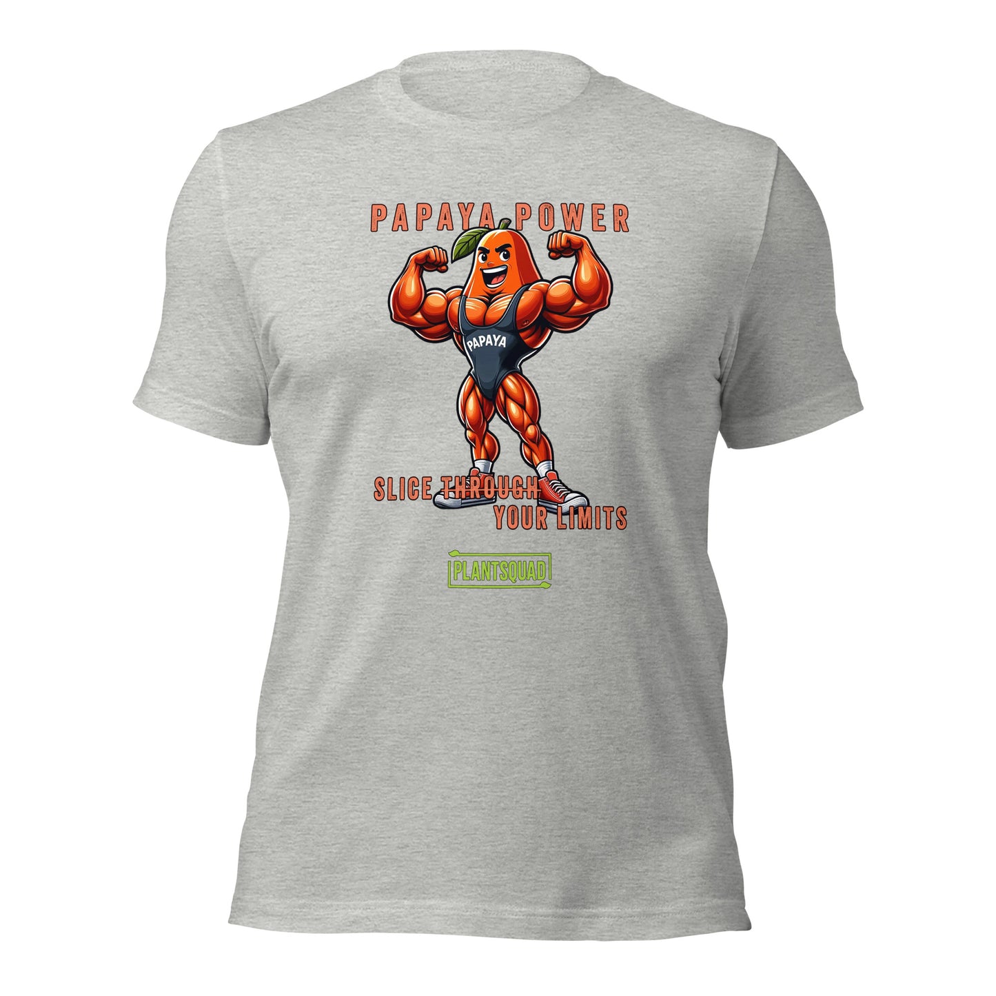 A black Plantsquad Papaya "Papaya Power Slice Through Your Limits" - Unisex T-Shirt featuring a muscular cartoon papaya flexing its arms with the text "PAPAYA POWER" above. Below, the phrase "SLICE THROUGH YOUR LIMITS" is written, celebrating a vegan lifestyle for fitness enthusiasts, with the brand name "PLANTSQUAD" at the bottom.