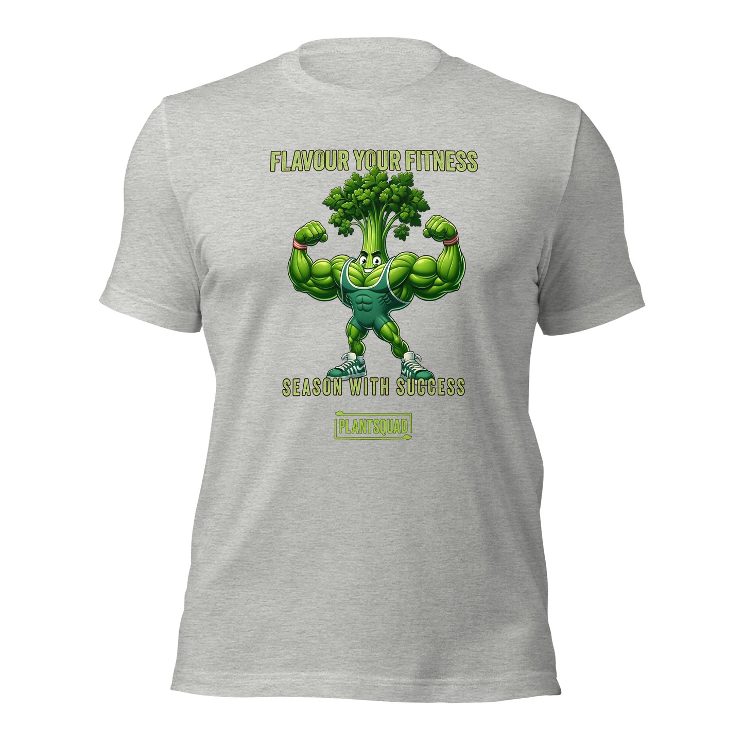 Plantsquad Parsley "Flavour Your Fitness Season With Success" - Unisex T-Shirt with a cartoon muscular broccoli character flexing its arms. The text above the character reads "FLAVOUR YOUR FITNESS." Below the character, the text says "SEASON WITH SUCCESS," and at the bottom, a logo reads "PLANTSQUAD." Perfect for enthusiasts of the vegan lifestyle.