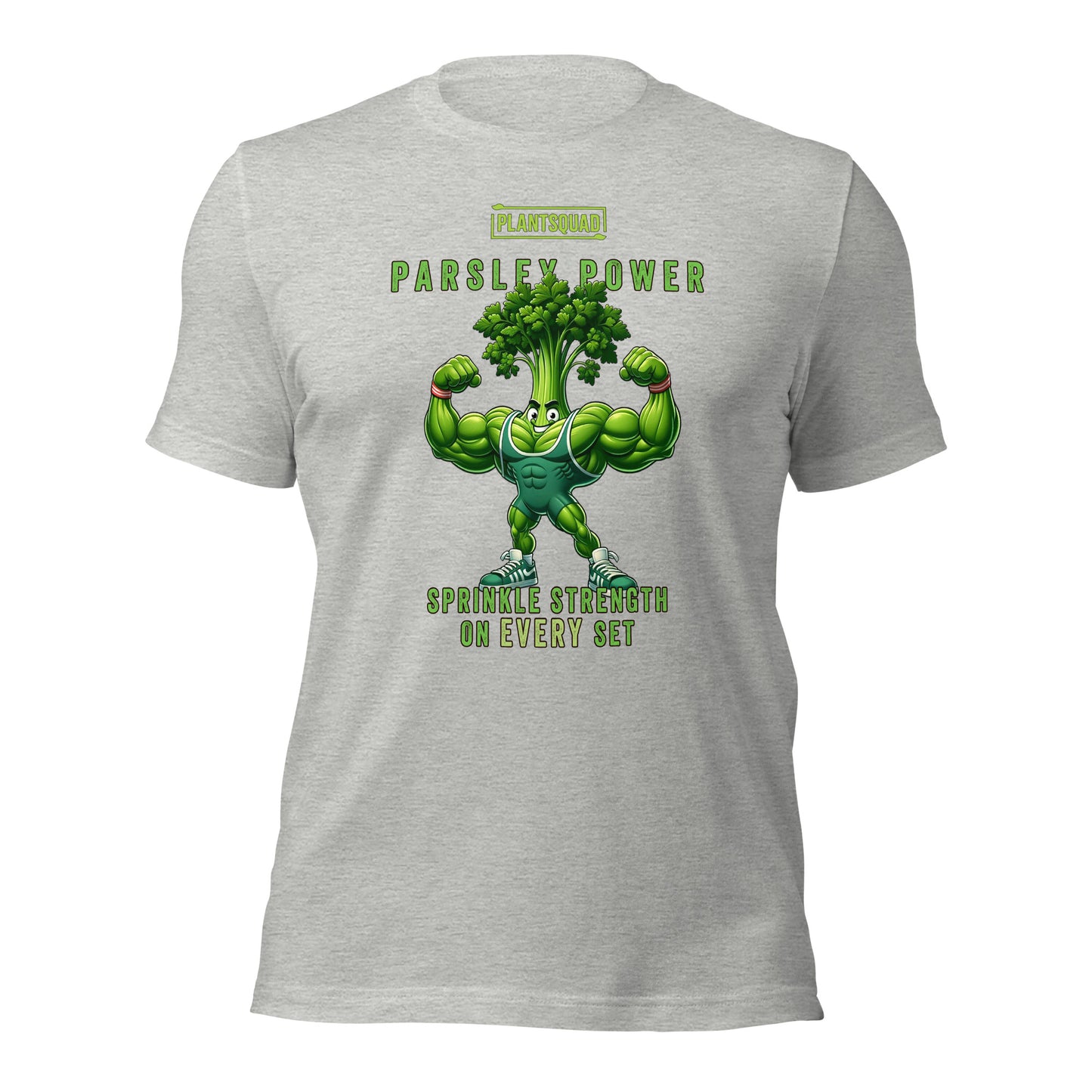 A black **Plantsquad Parsley "Parsley Power Sprinkle Strength On Every Set" - Unisex T-Shirt** featuring a muscular green cartoon parsley character flexing its arms, with the text “PLANTSQUAD PARSLEY POWER” above and “SPRINKLE STRENGTH ON EVERY SET” below it. Perfect for those embracing a vegan lifestyle!