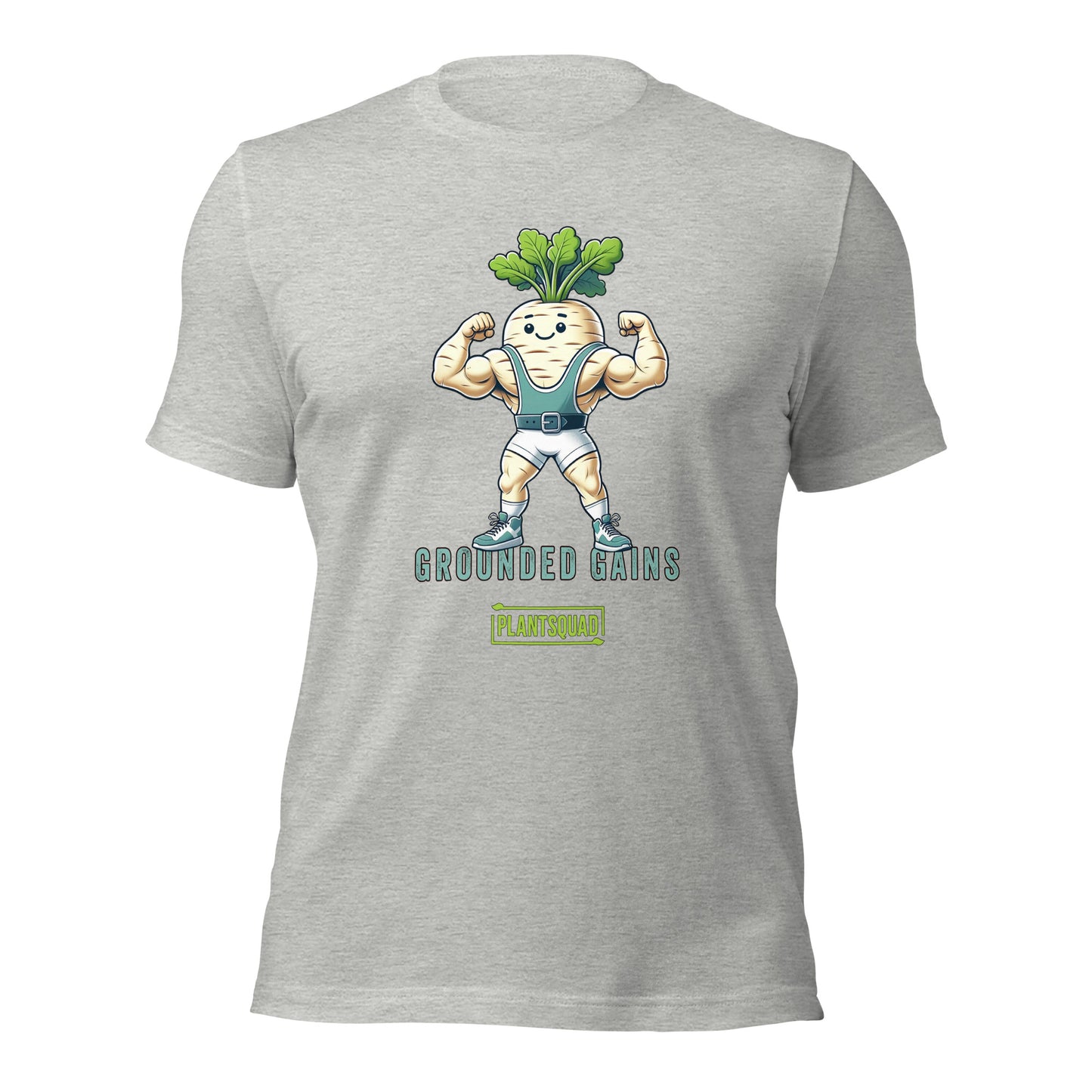 A black vegan T-shirt featuring an illustration of a muscular radish character flexing its arms. Above the character are the words "Grounded Gains," and below is a green box with "Plantsquad" written inside. The design promotes plant-based strength and fitness apparel for a plant-based lifestyle. 

Product Name: Plantsquad Parsnip "Grounded Gains" - Unisex T-Shirt